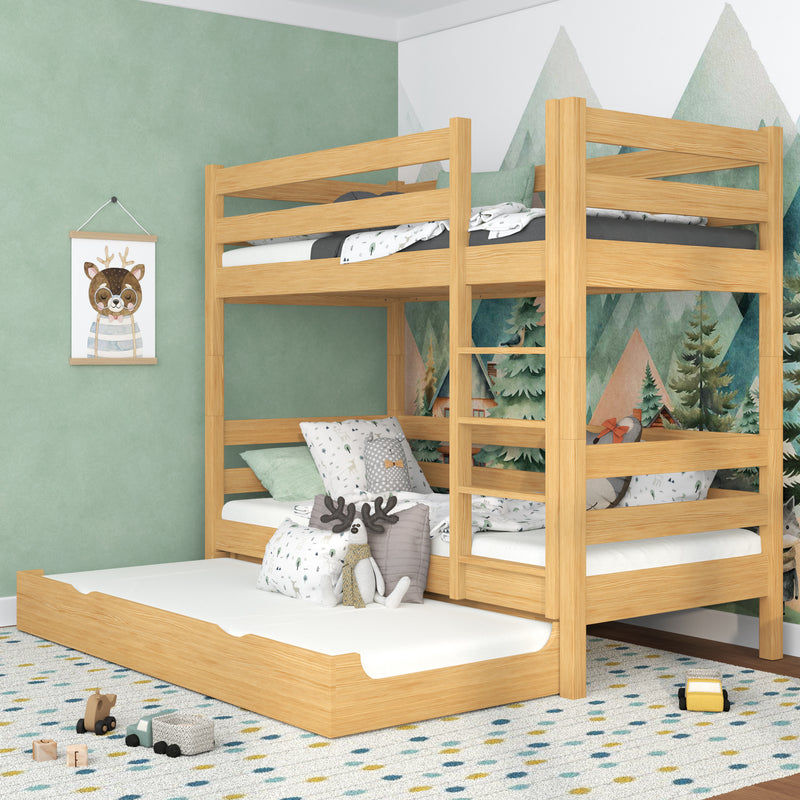 Lit superposé avec tiroir pour matelas en bois pin naturel – chambre d'enfant scandinave