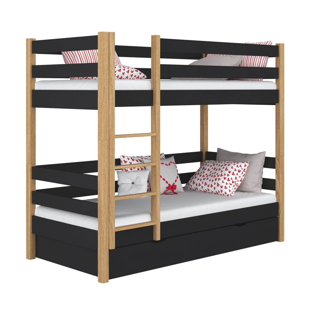 Black and Oak Wooden Bunk Bed with Drawer – Children’s Room, Solid Wood, Scandi