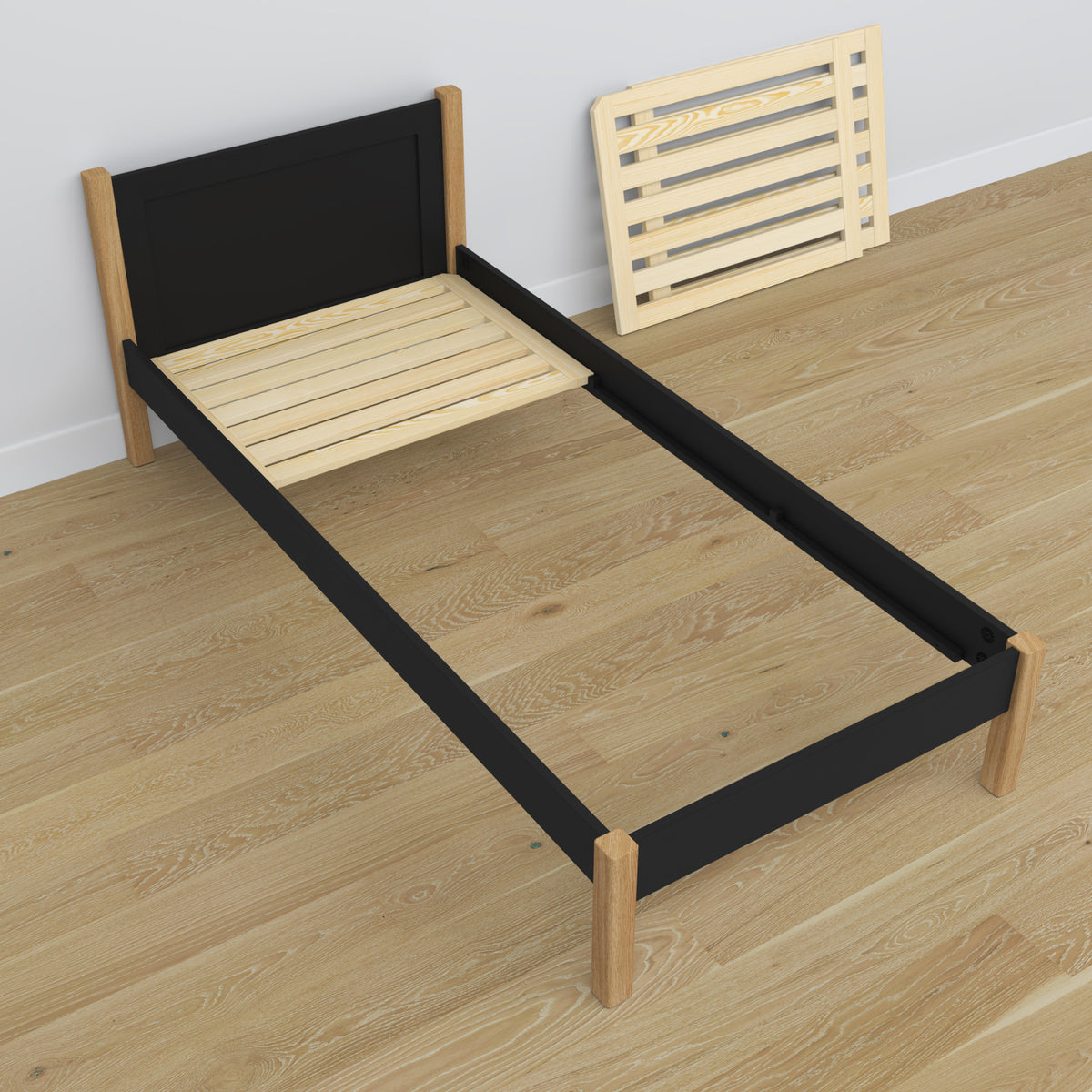 Letto con cassetto in legno nero-quercia – testiera, dettaglio su qualità legno