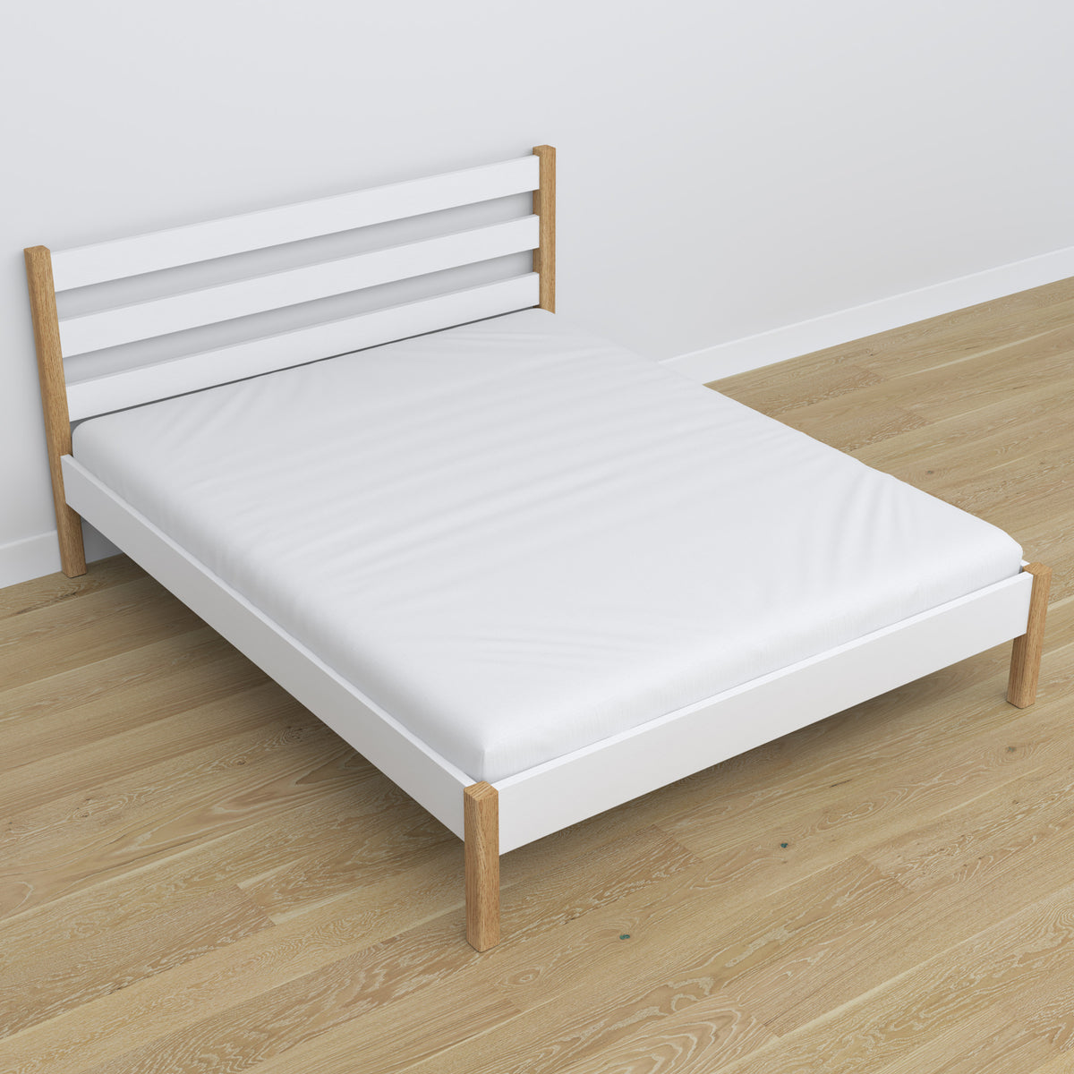 Lit double blanc-chêne w chambre – décoration avec literie, style scandinave