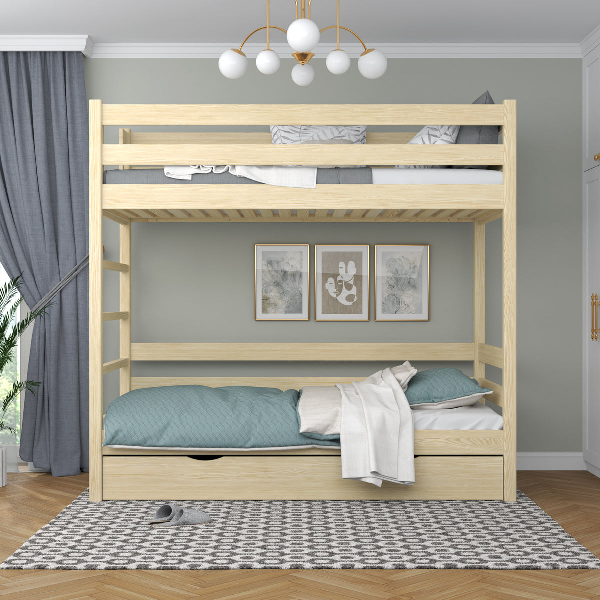 Holz-Etagenbett Kiefer farblos – offene Schublade, geräumiges Staufach unter dem Bett