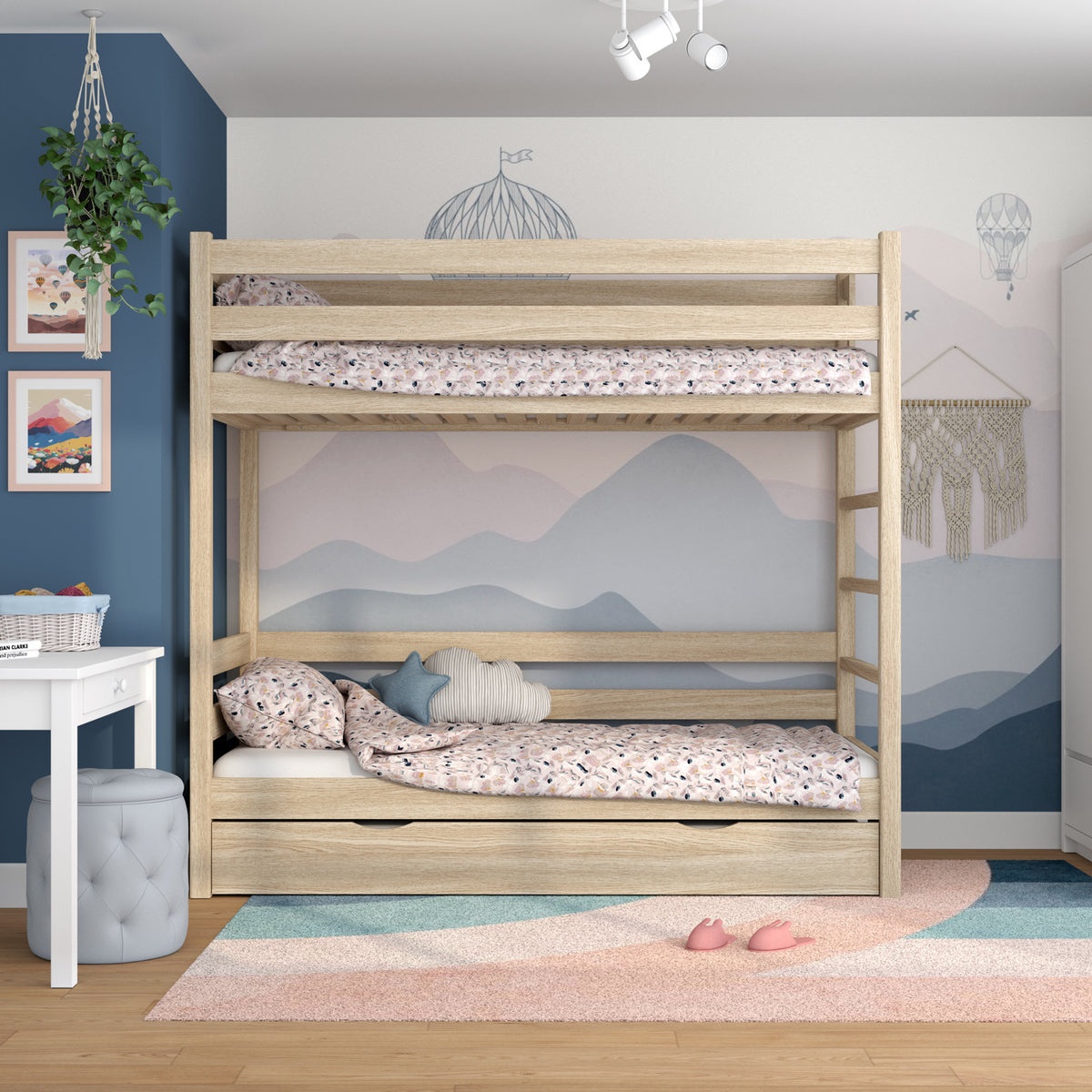 Letto a castello in rovere sbiancata – scala, sponde, cassetto per materasso aggiuntivo