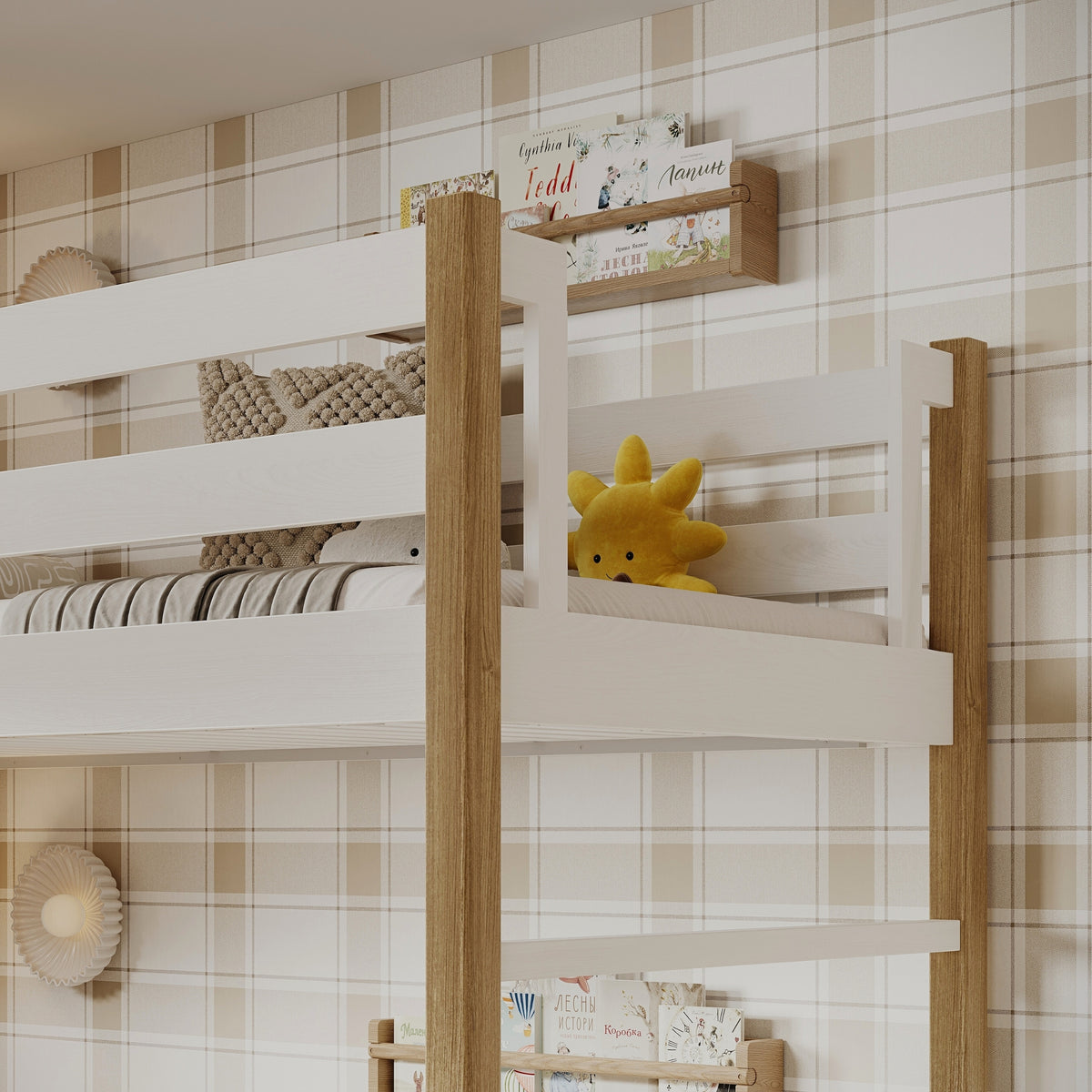 Hochbett mit Schublade für Matratze Weiß-Eiche aus Holz – Massivholz, scandi Stil