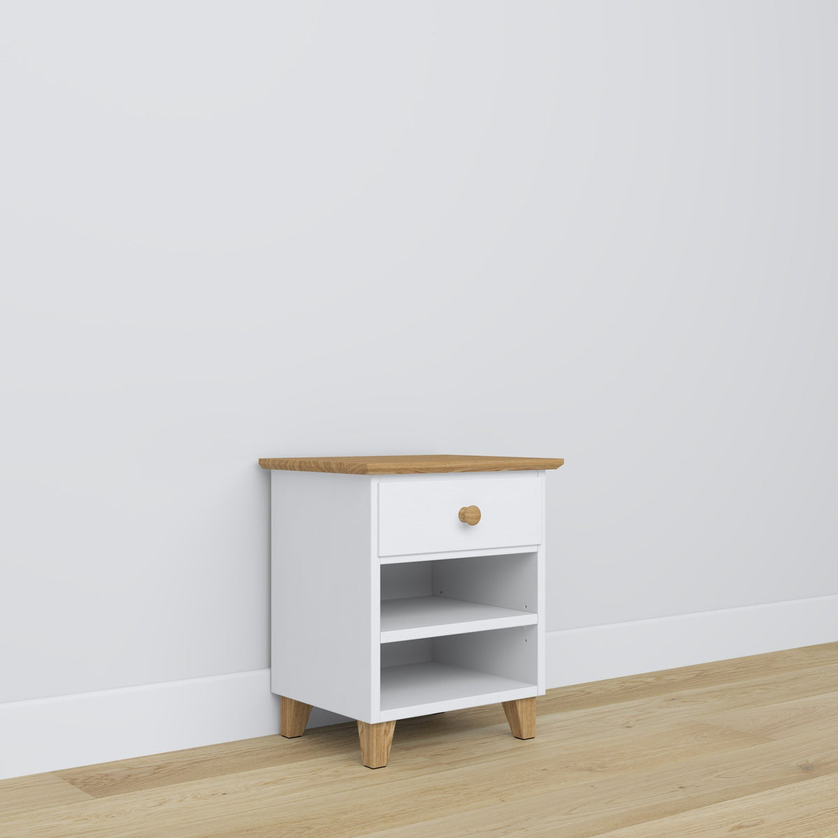 Comodino N02 bianco con quercia – in legno, vista frontealny, Nizio Home