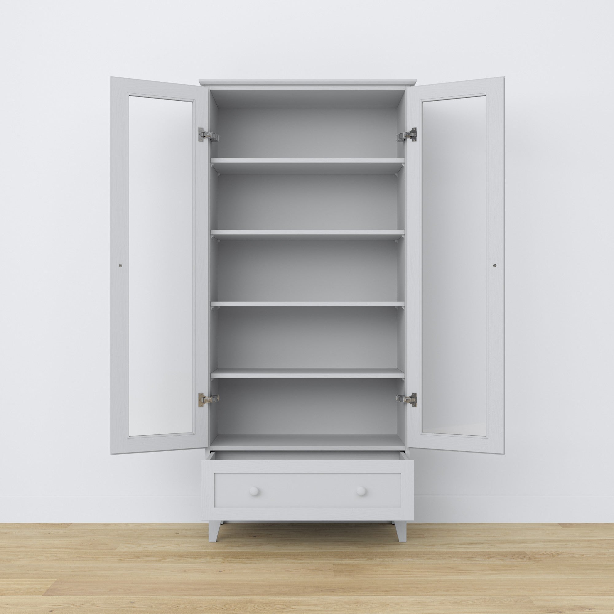 Vetrina 1S in legno grigio in salotto – allestimento scandinava, Nizio