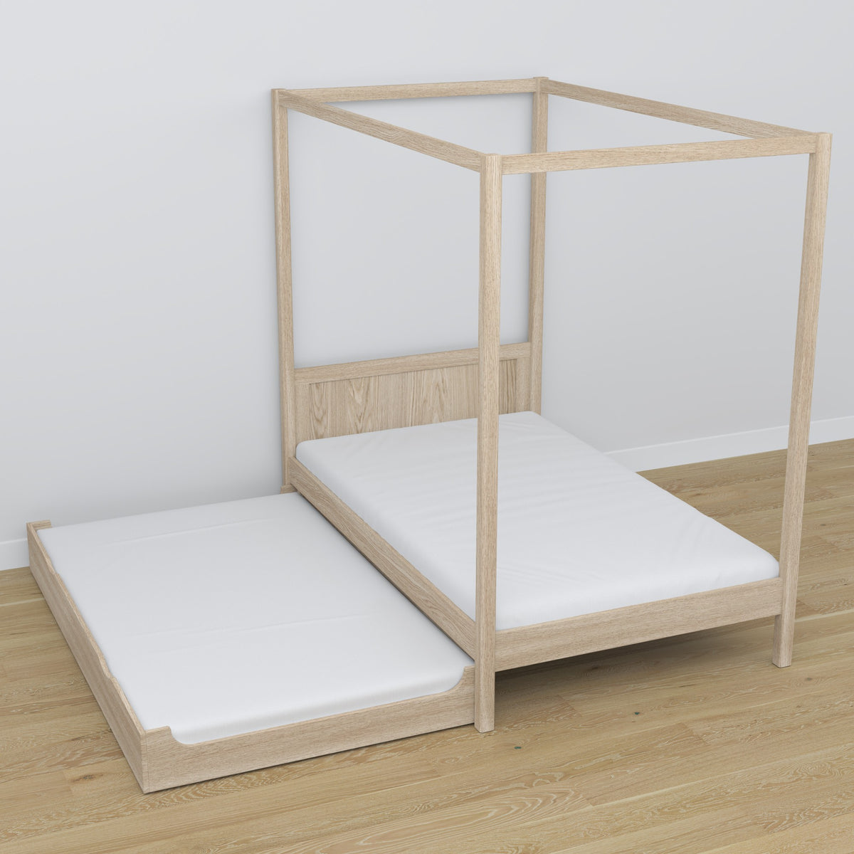 Oak canopy bed bleached oak – extended drawer, guest sleeping space