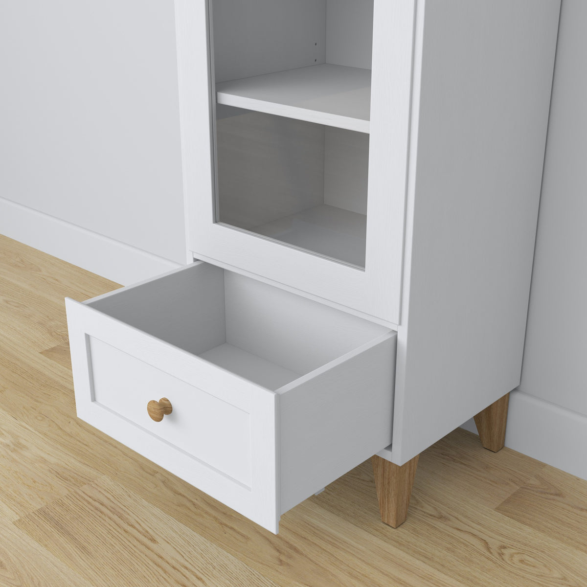 Vetrina 1S in legno bianco con quercia in salotto – allestimento scandinava, Nizio