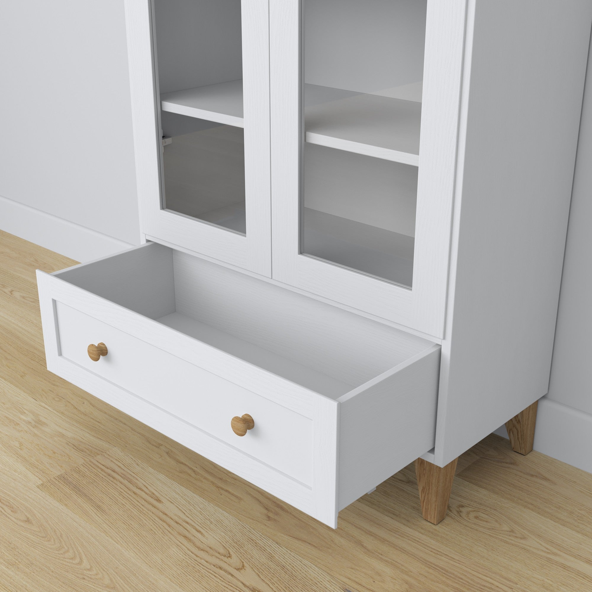 Vetrina 1S in legno bianco con quercia – porte aperte, ripiani e cassetto all'interno