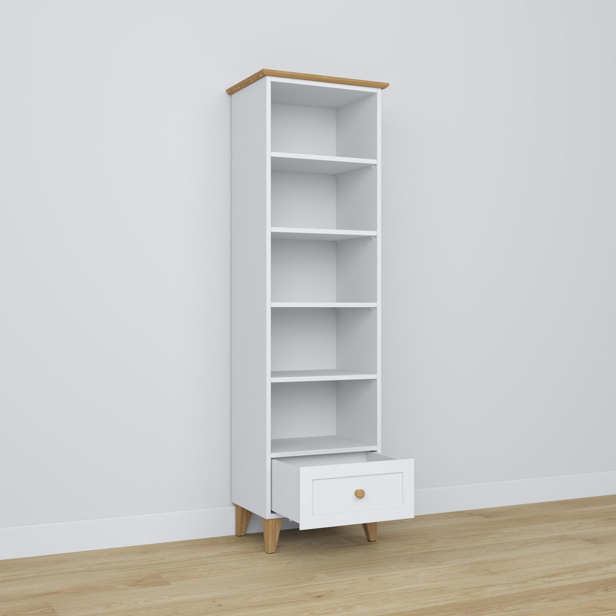 Scaffale 1S in legno bianco con quercia – cassetto aperto, vano per piccoli oggetti
