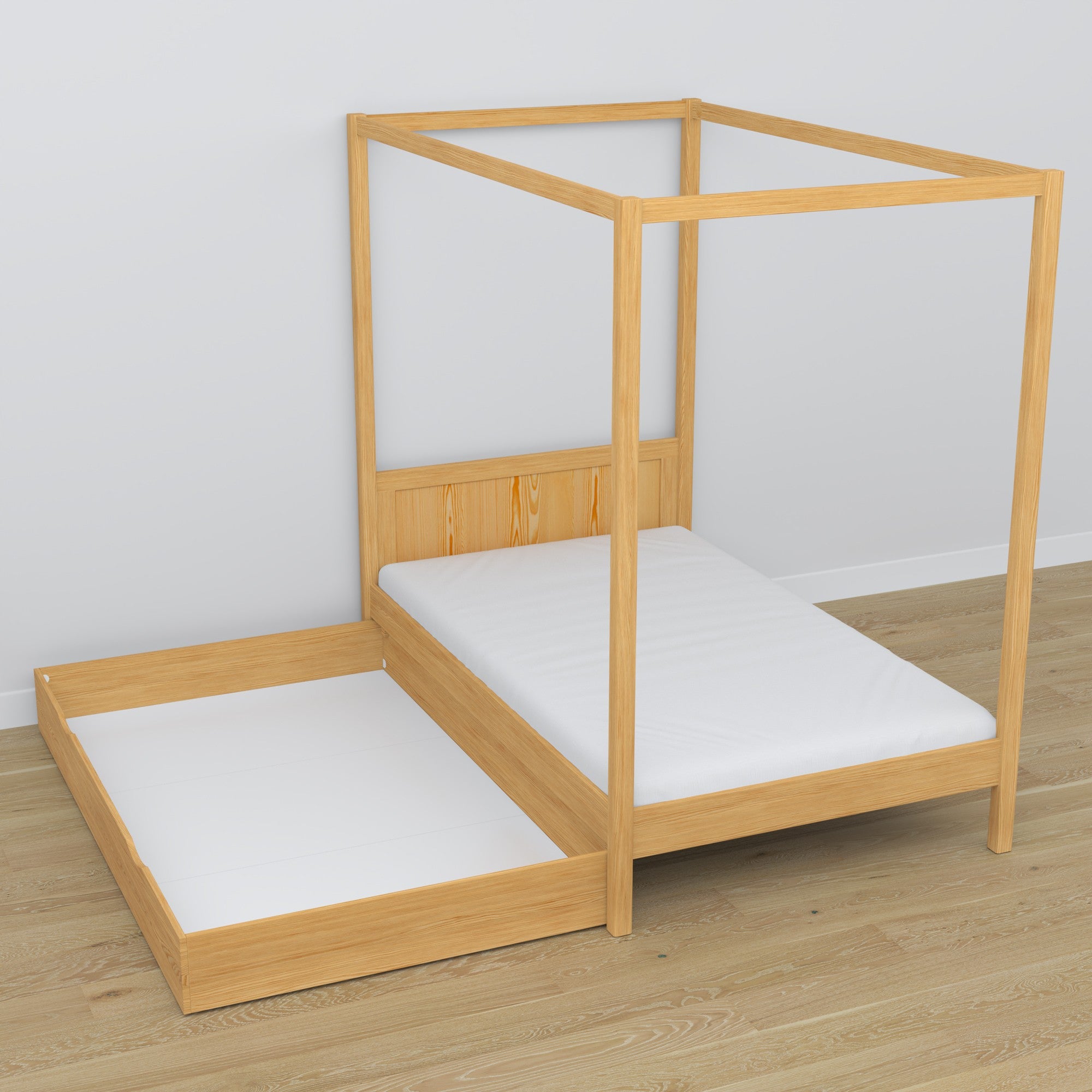 Letto con baldacchino in legno pino naturale – cornice decorativa, stanza per bambini