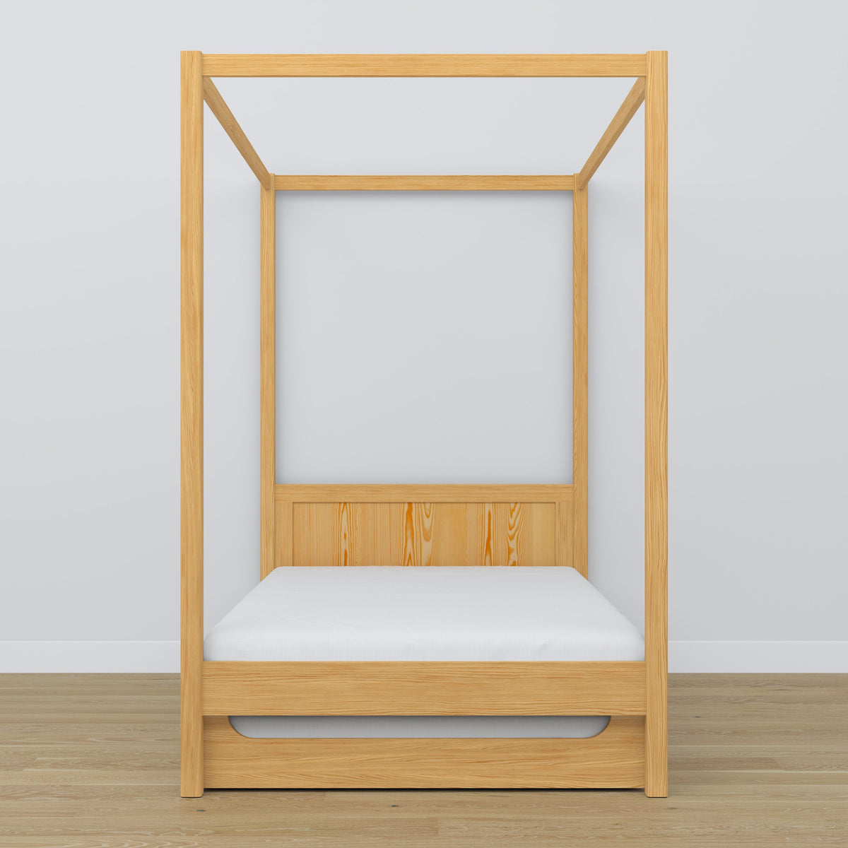 Natural pine canopy bed with drawer – side view, wooden, Nizio