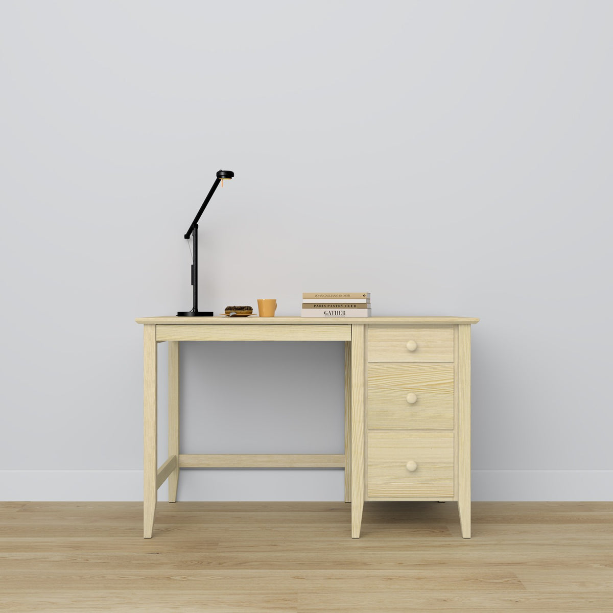Desk 3S clear pine wood – side view, tabletop depth