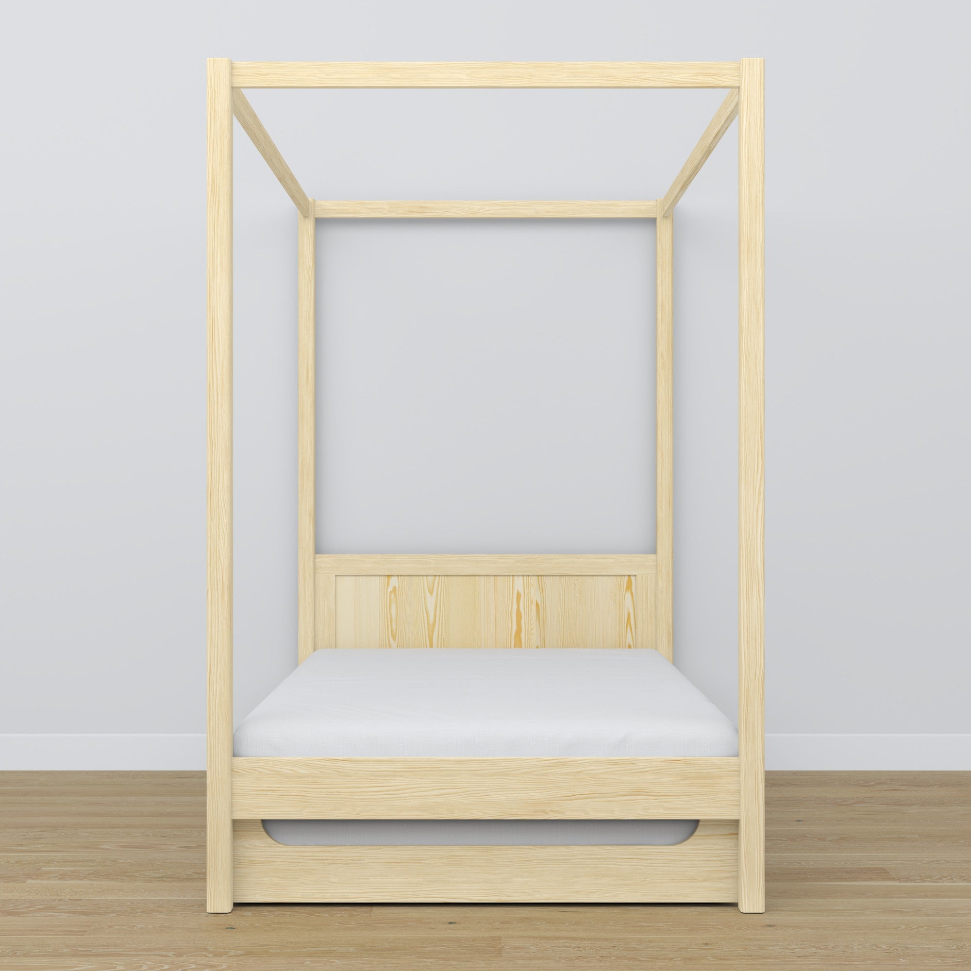 Lit pin incolore avec baldaquin i tiroir – vue de côté, en bois, Nizio