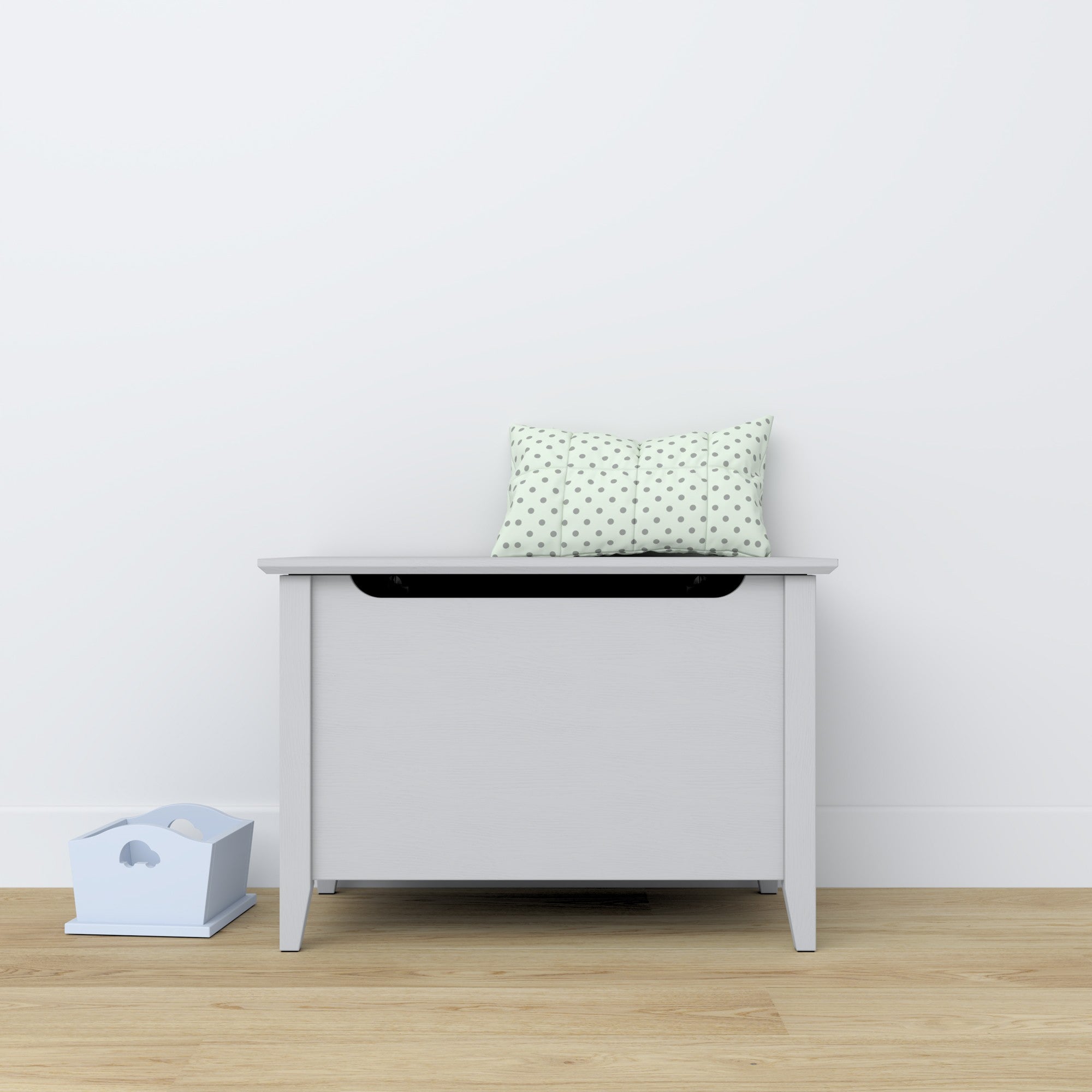 Baule in legno grigio – contenimento e seduta, stile scandinavo Nizio