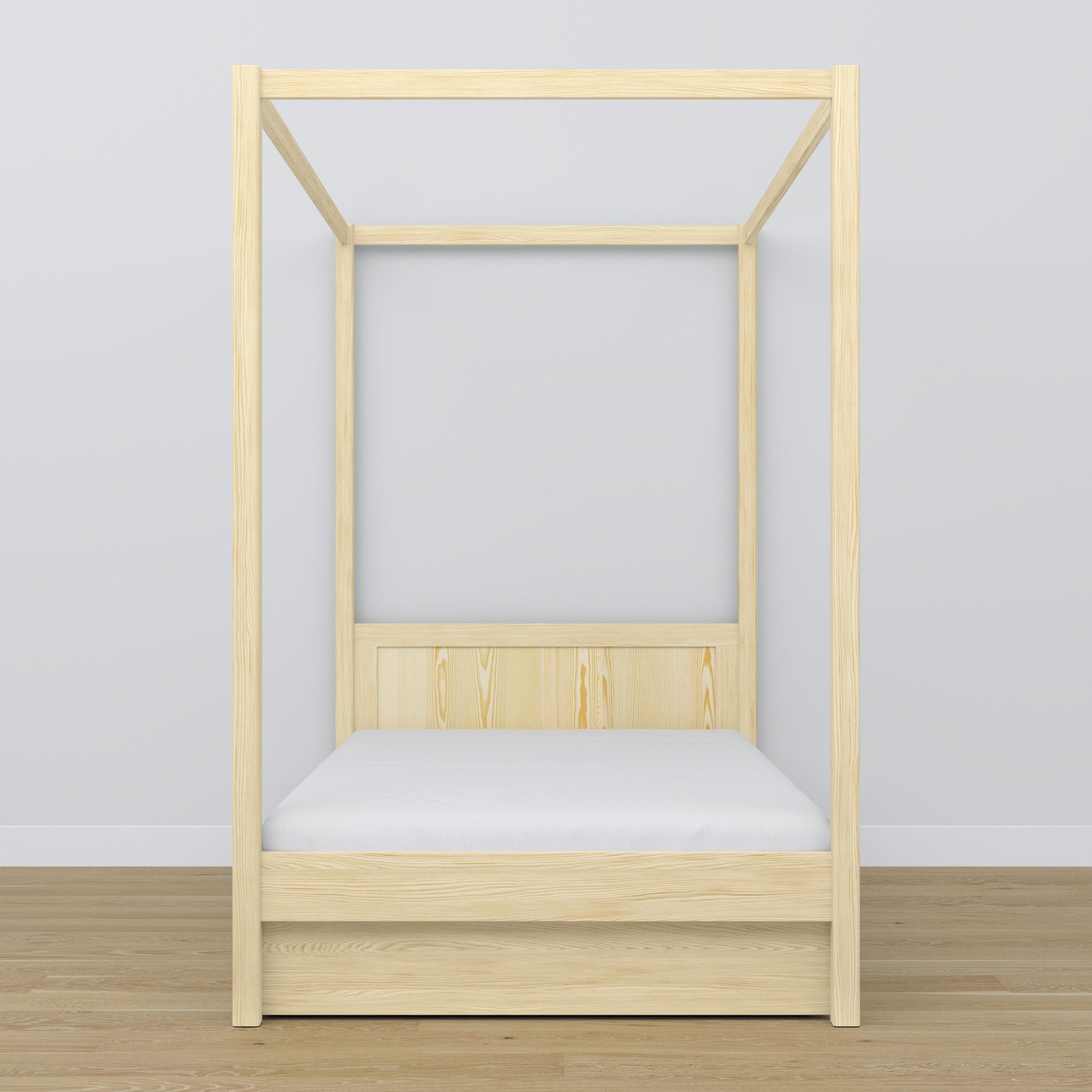 Lit pin incolore avec baldaquin – tiroir ouvert, en bois, Nizio Home