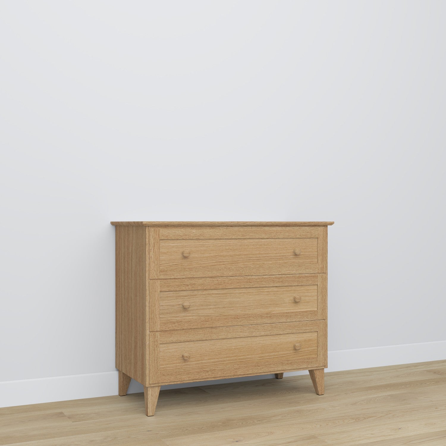 Cassettiera 3S in rovere naturale – cassetti aperto, capiente ambiente vani