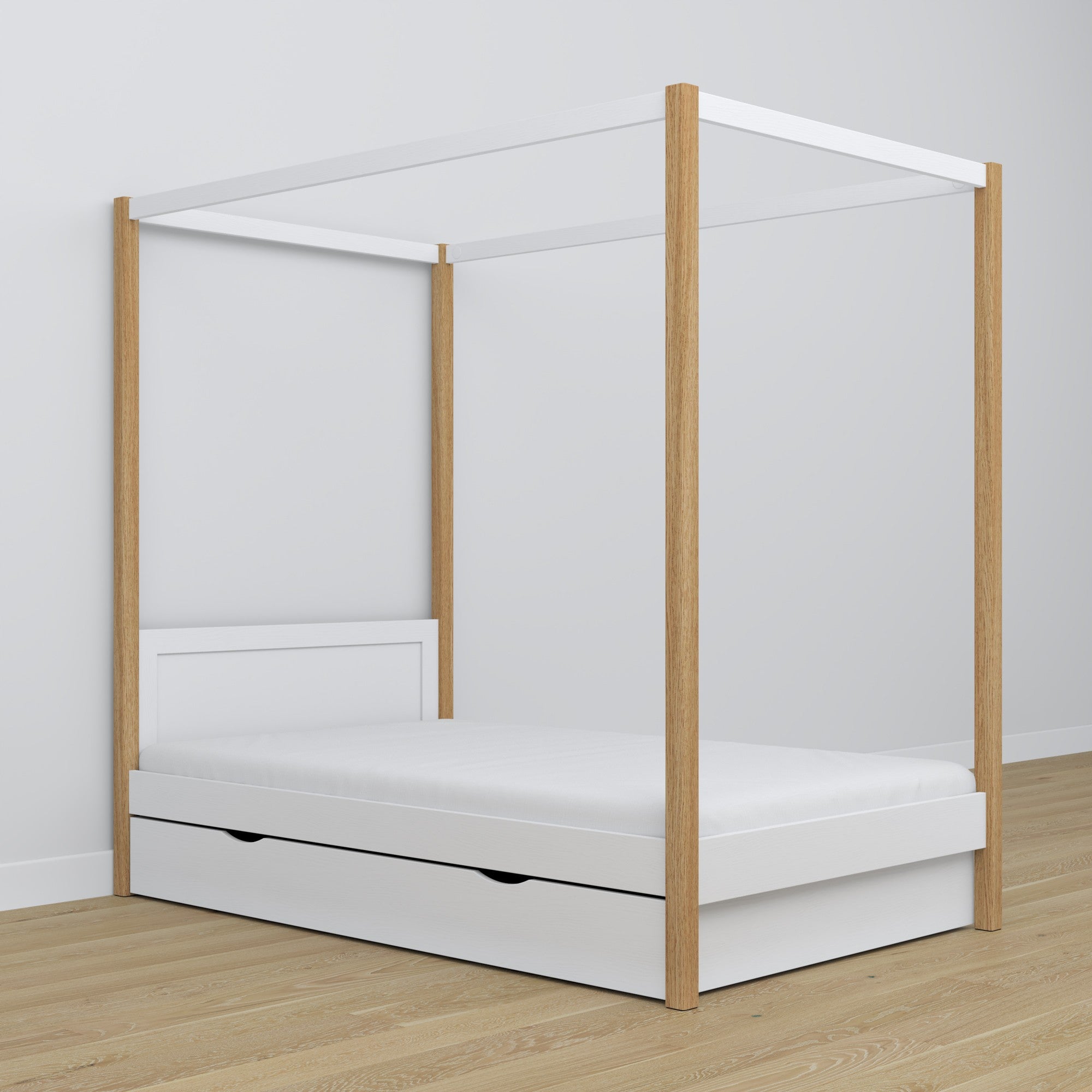 Himmelbett aus Holz, Weiß-Eiche im Kinderzimmer – Scandi-Einrichtung