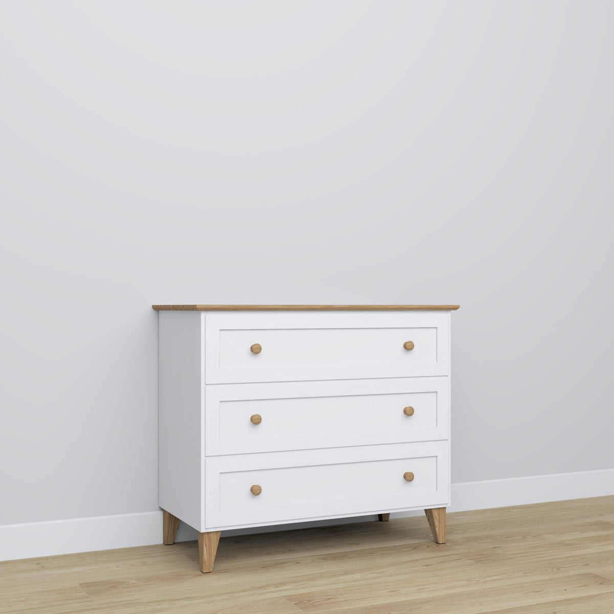 Cassettiera 3S bianco con quercia – in legno, cassetti chiuso, vista frontealny, Nizio