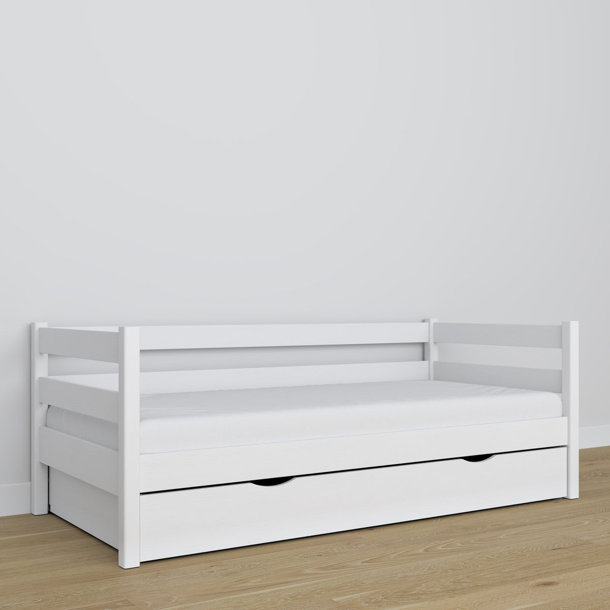 Sofa-lit avec tiroir en bois blanc – chambre d'enfant, décoration scandinave