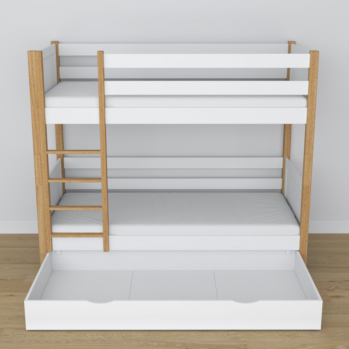 Letto a castello in legno bianco-quercia – dettaglio giunzioni e scala, stanza per bambini