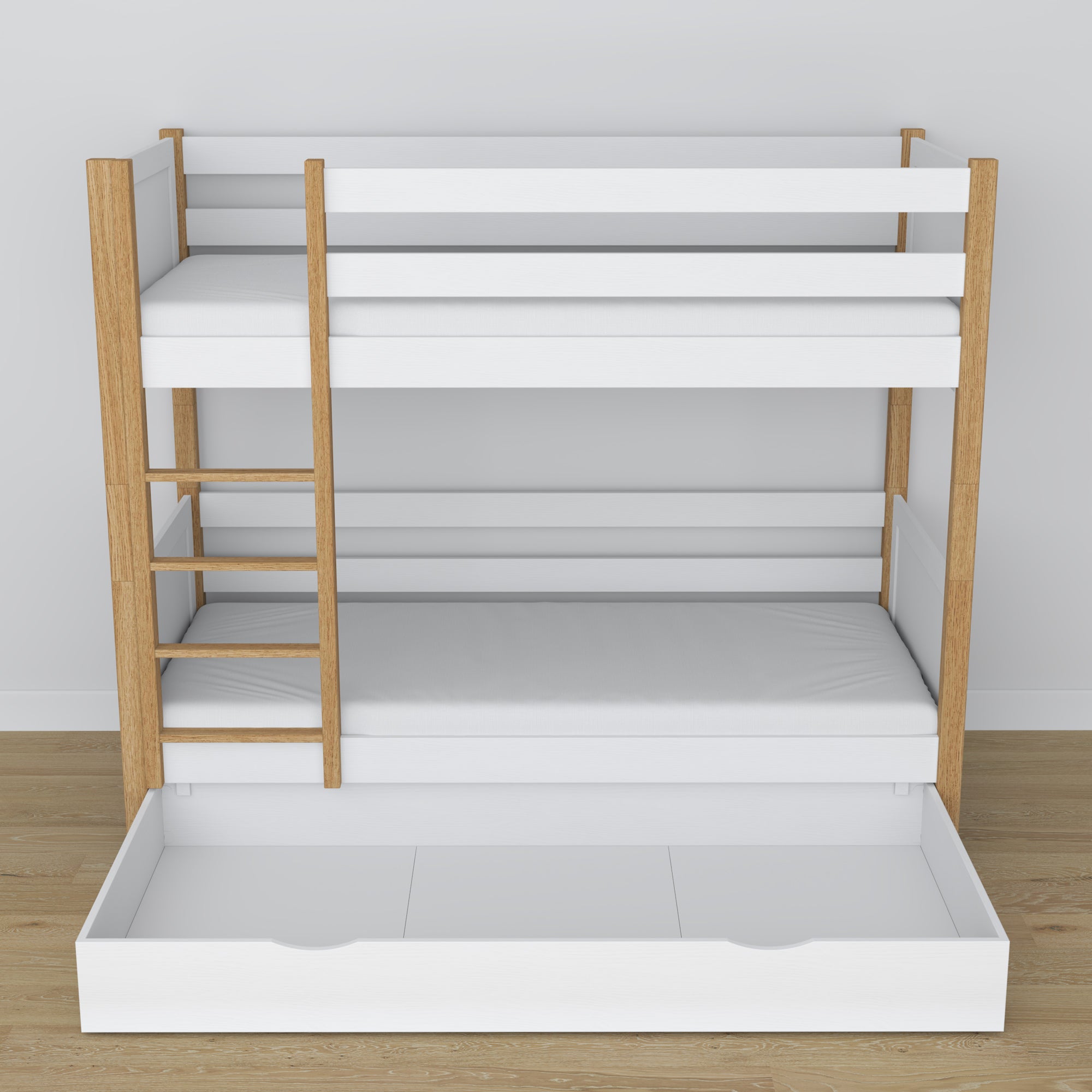 Letto a castello in legno bianco-quercia – dettaglio giunzioni e scala, stanza per bambini