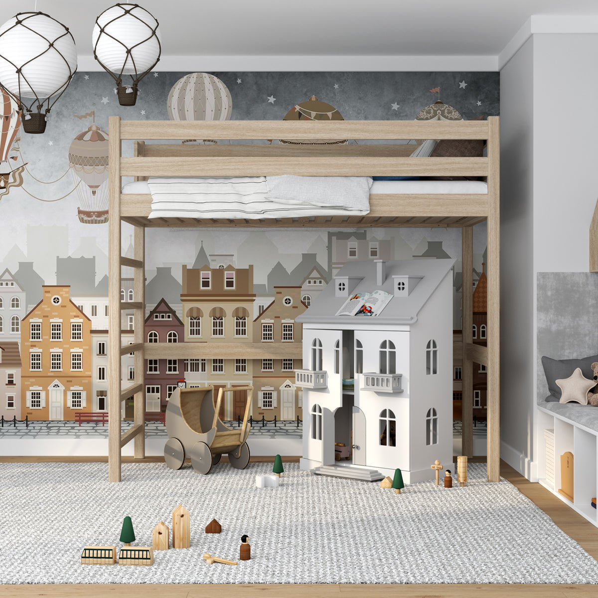 Hochbett Eiche geweißt – Kinderzimmer, Massivholz, Scandi-Stil