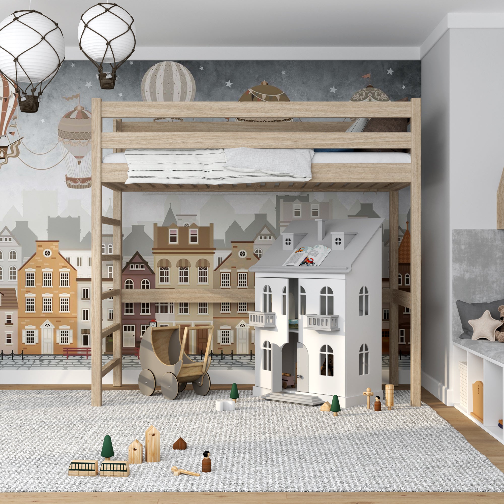 Hochbett Eiche geweißt – Kinderzimmer, Massivholz, Scandi-Stil