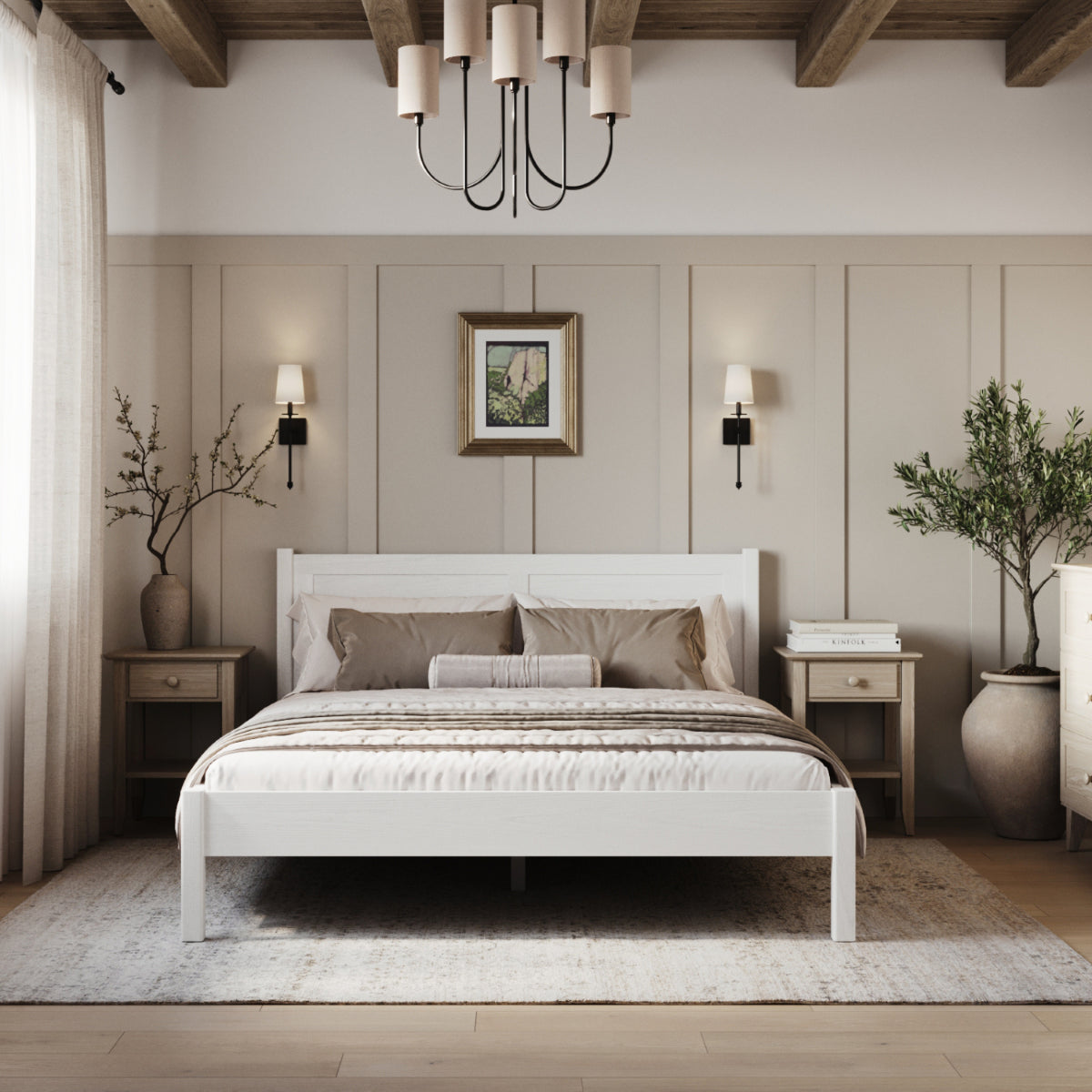 Lit double blanc – tête de lit en bois, gros plan sur la qualité du bois
