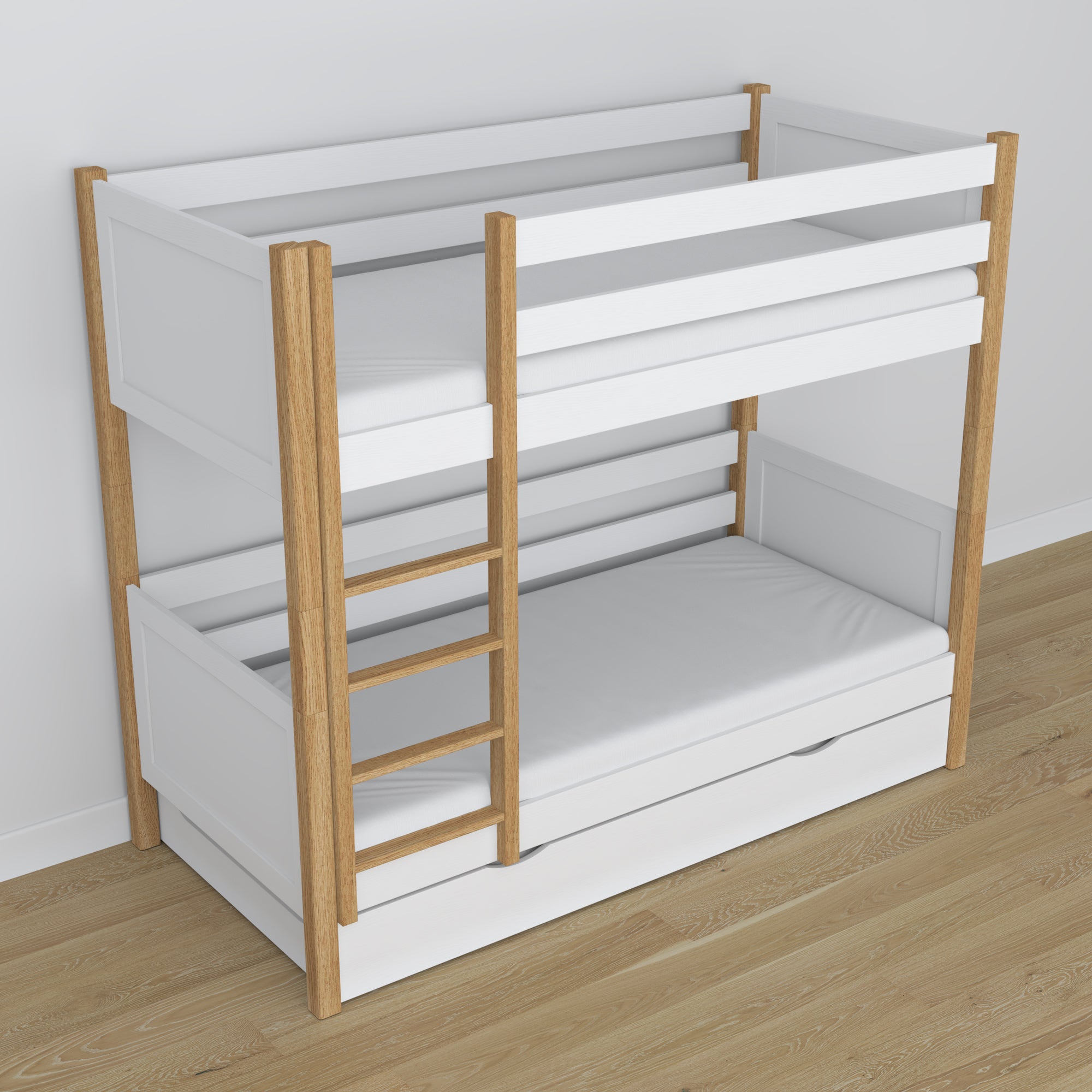 Letto a castello bianco-quercia per bambini – cassetto per materasso, in legno, Nizio