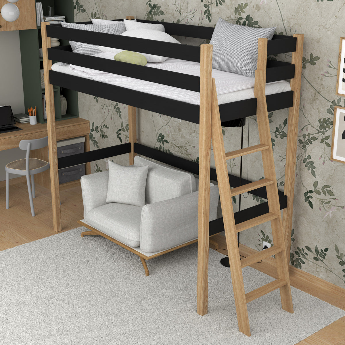 Letto a soppalco nero-quercia in nella cameretta dei bambini – allestimento scandi, in legno