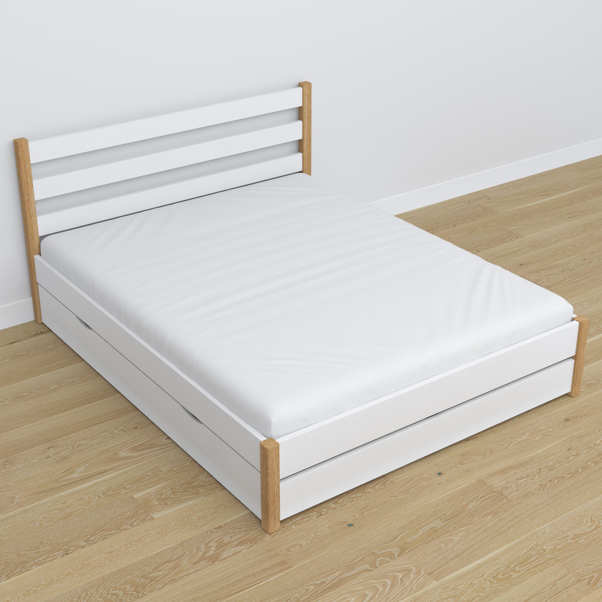 Doppelbett Weiß-Eiche – Beine und Basis aus Holz, Nahaufnahme
