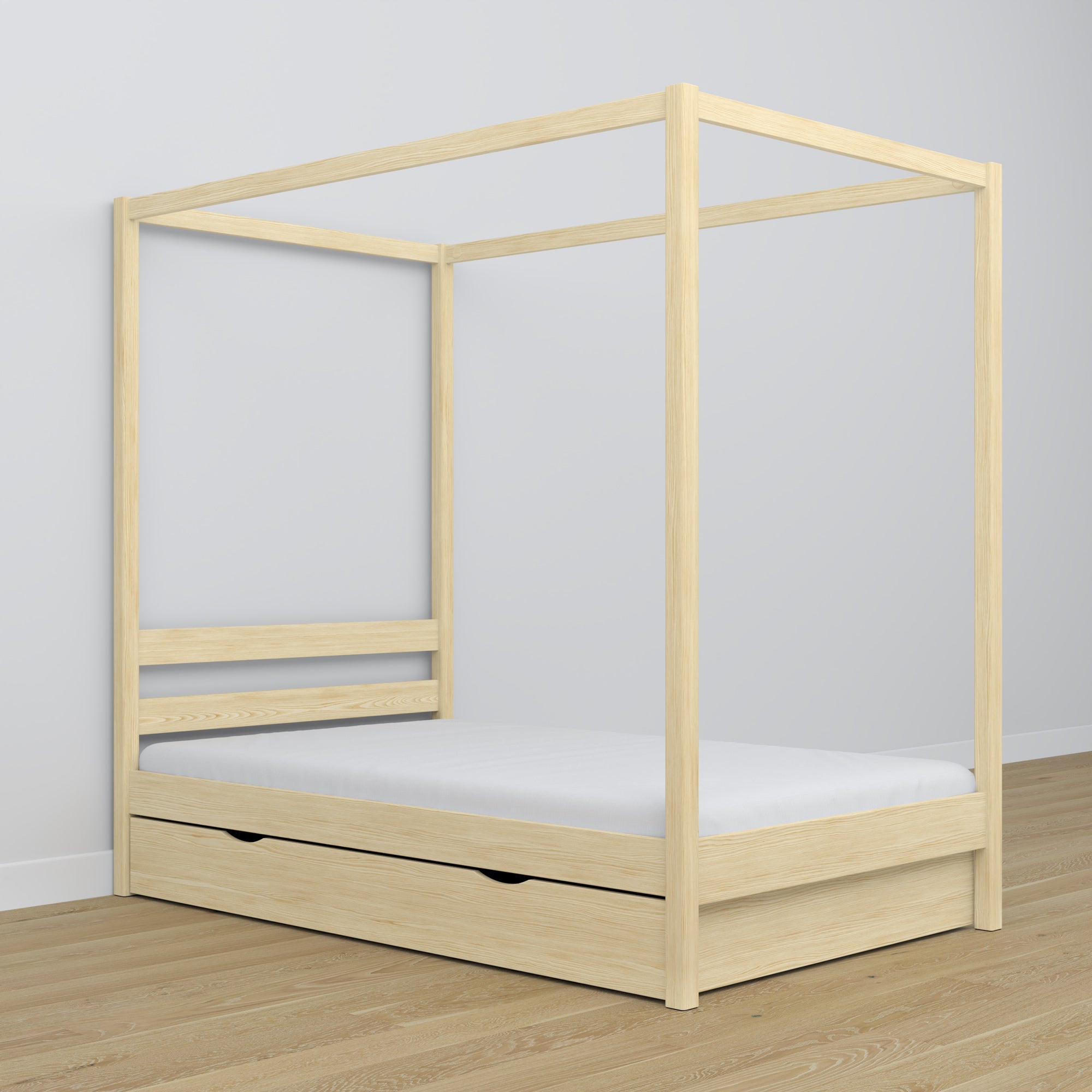Letto con baldacchino in legno pino trasparente – cornice decorativa, stanza per bambini