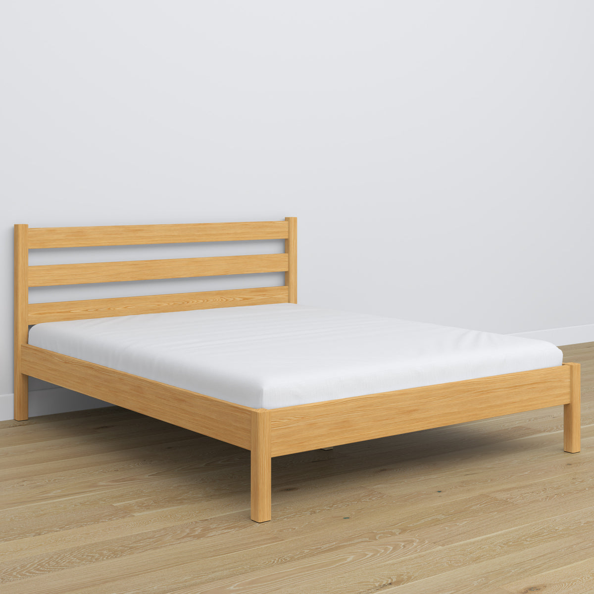 Lit double pin naturel – tête de lit en bois, gros plan sur la qualité du bois