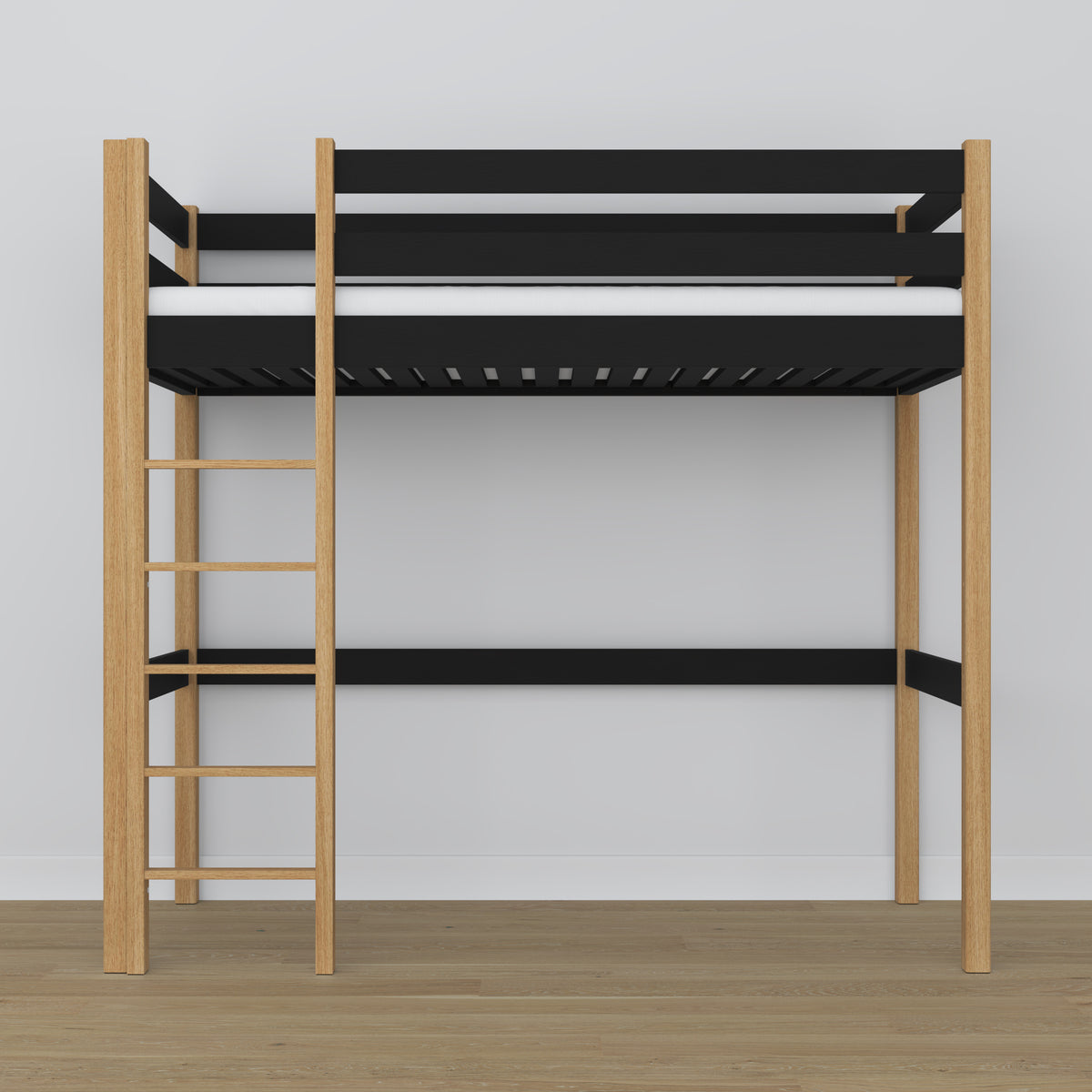 Letto a soppalco in legno nero-quercia – struttura con doghe, vista laterale