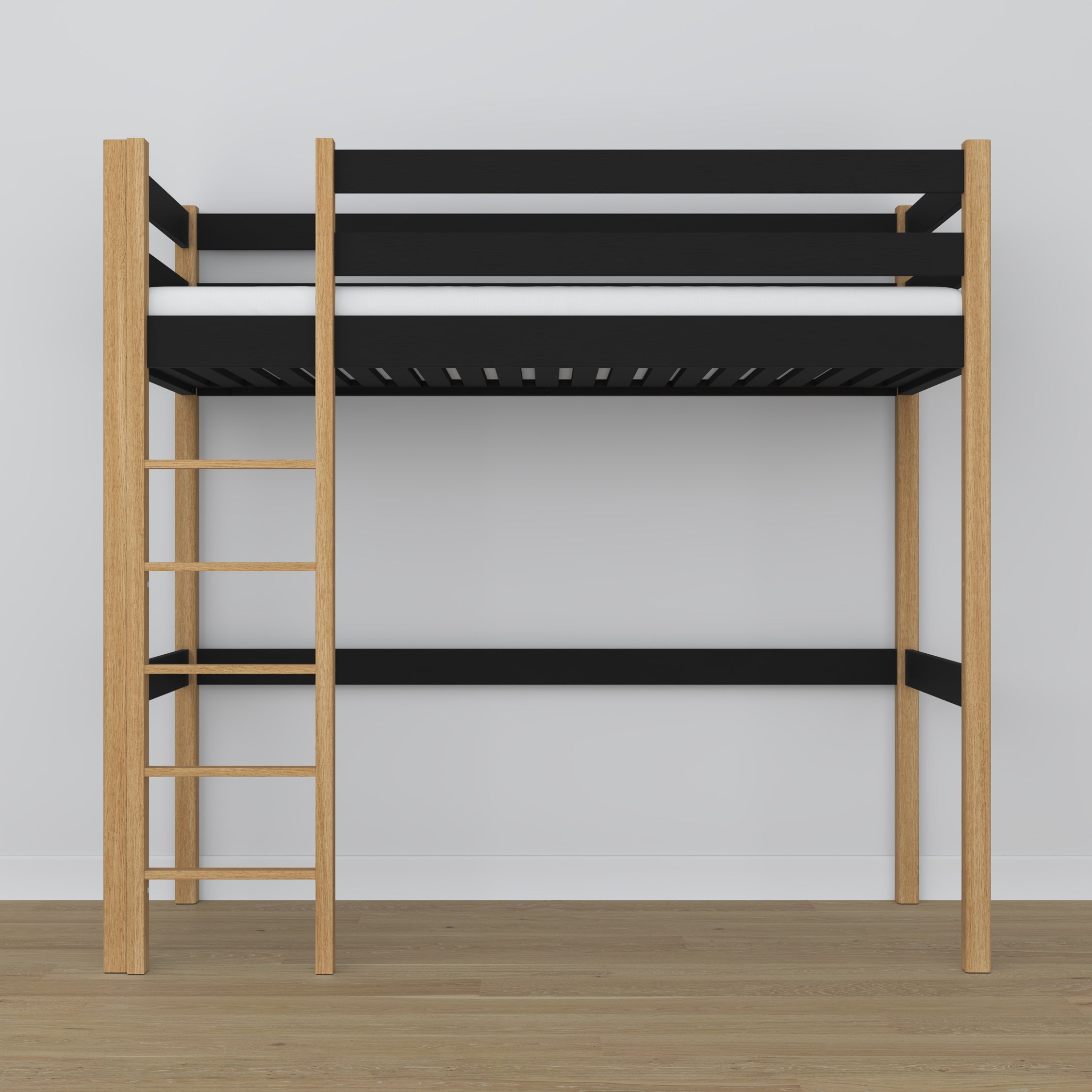 Letto a soppalco in legno nero-quercia – struttura con doghe, vista laterale