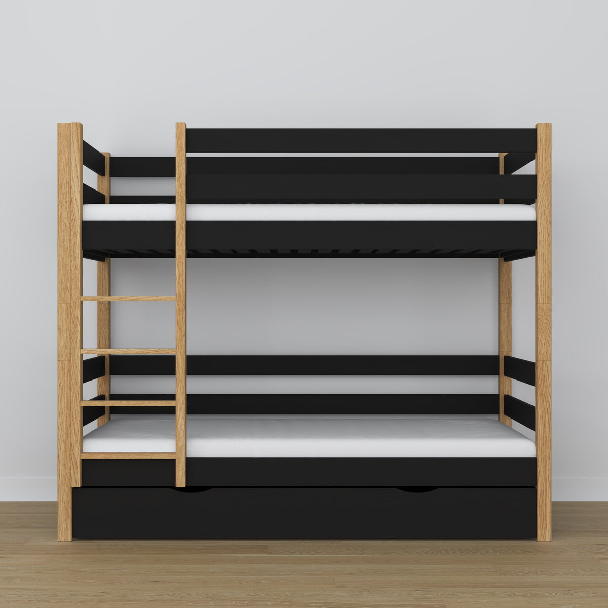 Black and Oak Bunk Bed – Wooden Slatted Frame, Side View