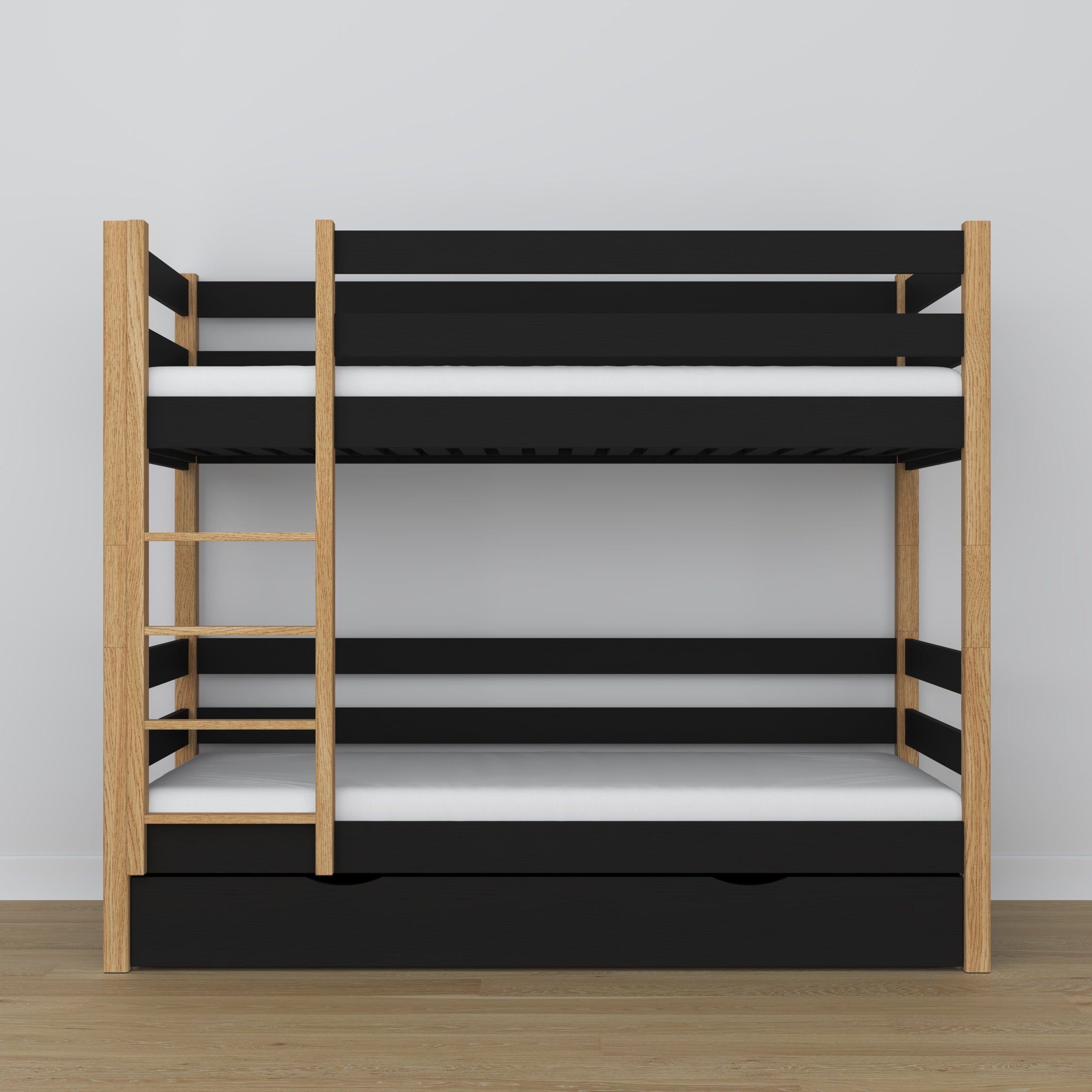 Black and Oak Bunk Bed – Wooden Slatted Frame, Side View