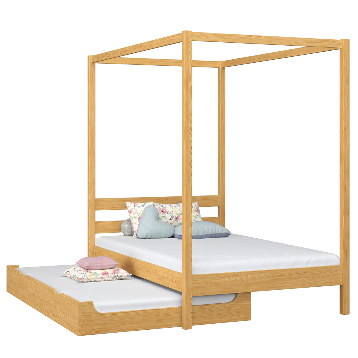 Wooden canopy bed with mattress drawer natural pine – scandi child’s room