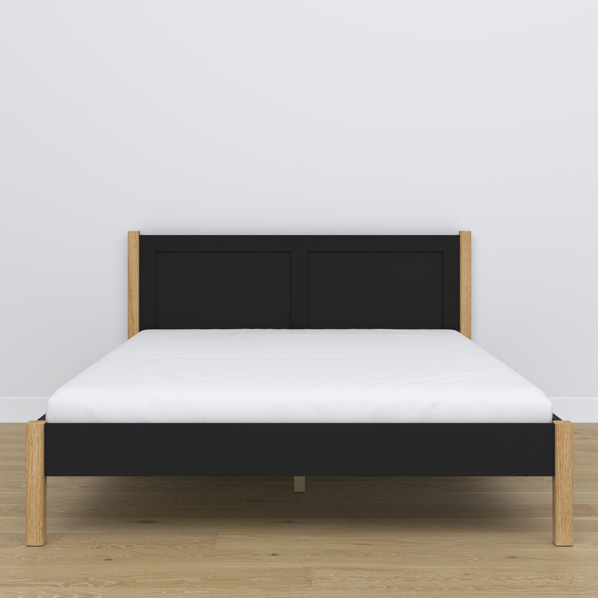 Lit double en bois noir-chêne – vue de côté, proportions et forme, chambre