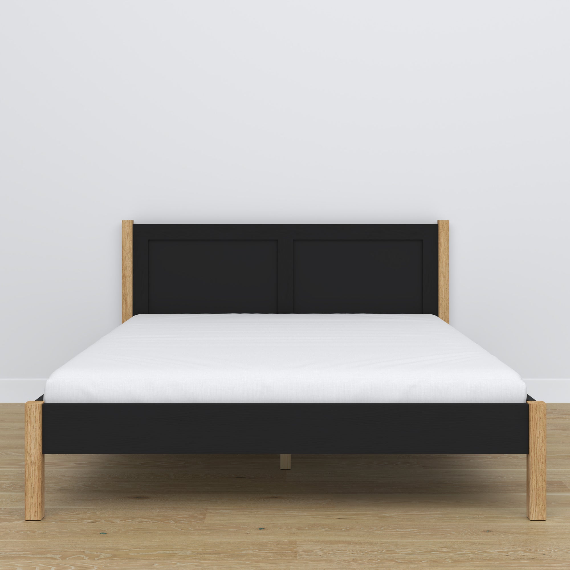 Lit double en bois noir-chêne – vue de côté, proportions et forme, chambre