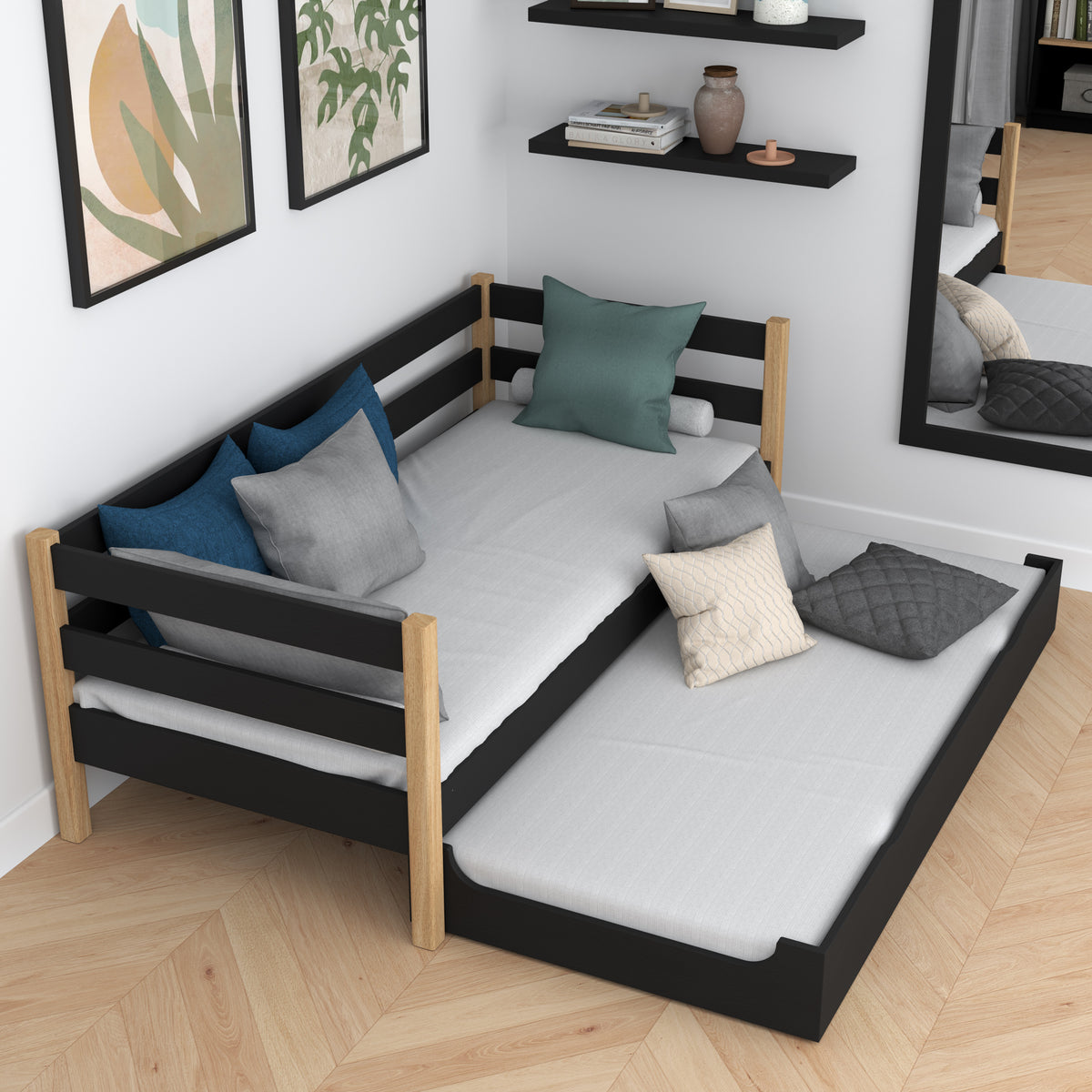 Letto divano in legno nero-quercia – cassetto per materasso estratto, per ospiti