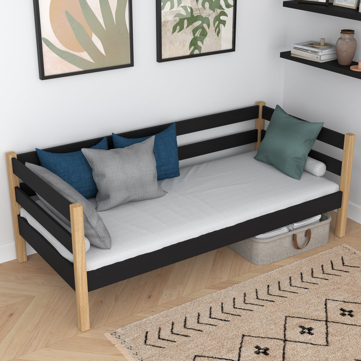 Sofa bed wooden black-oak – side view, shape and proportions of the furniture