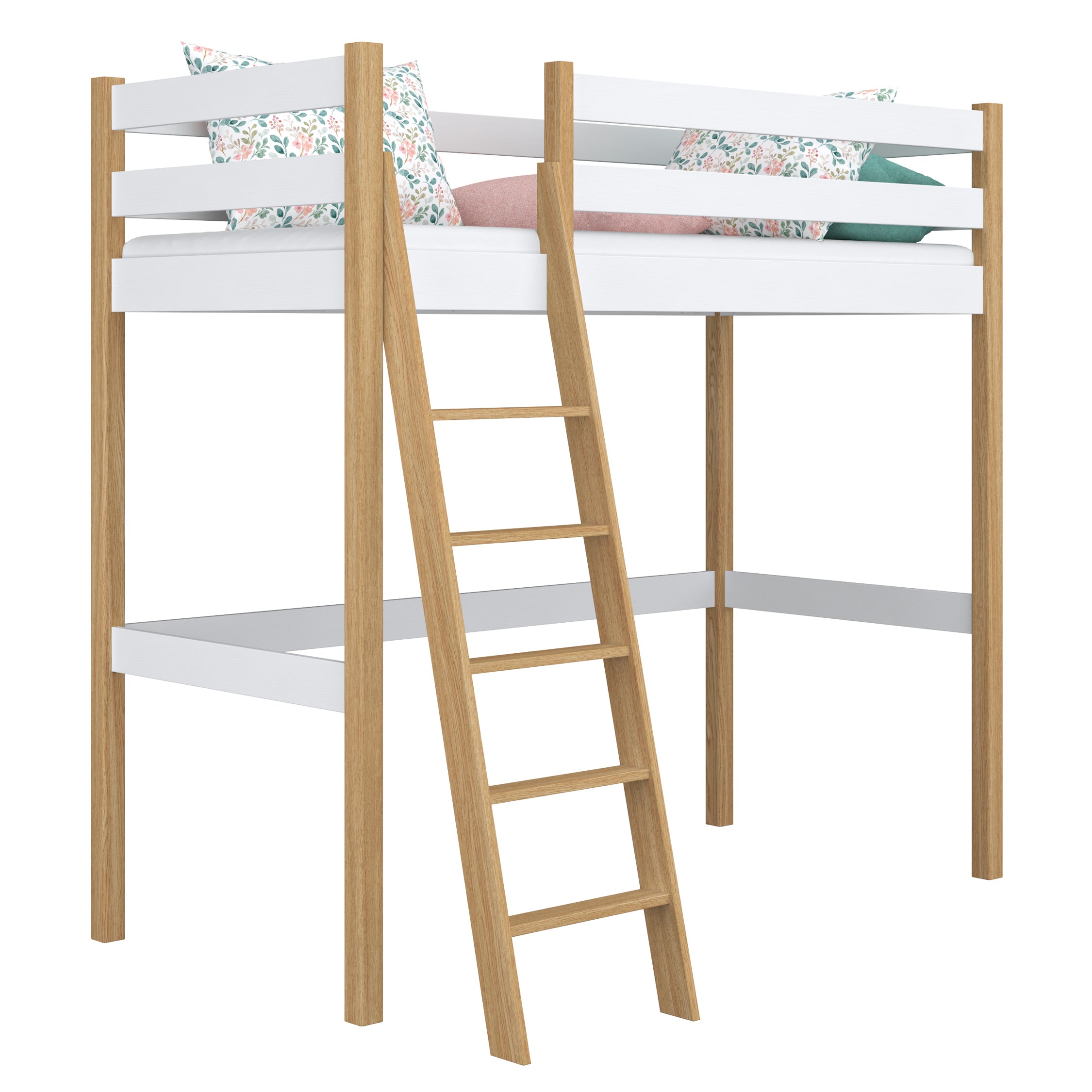 Hochbett weiß-Eiche – Leiter und Geländer aus Holz, Nizio Home