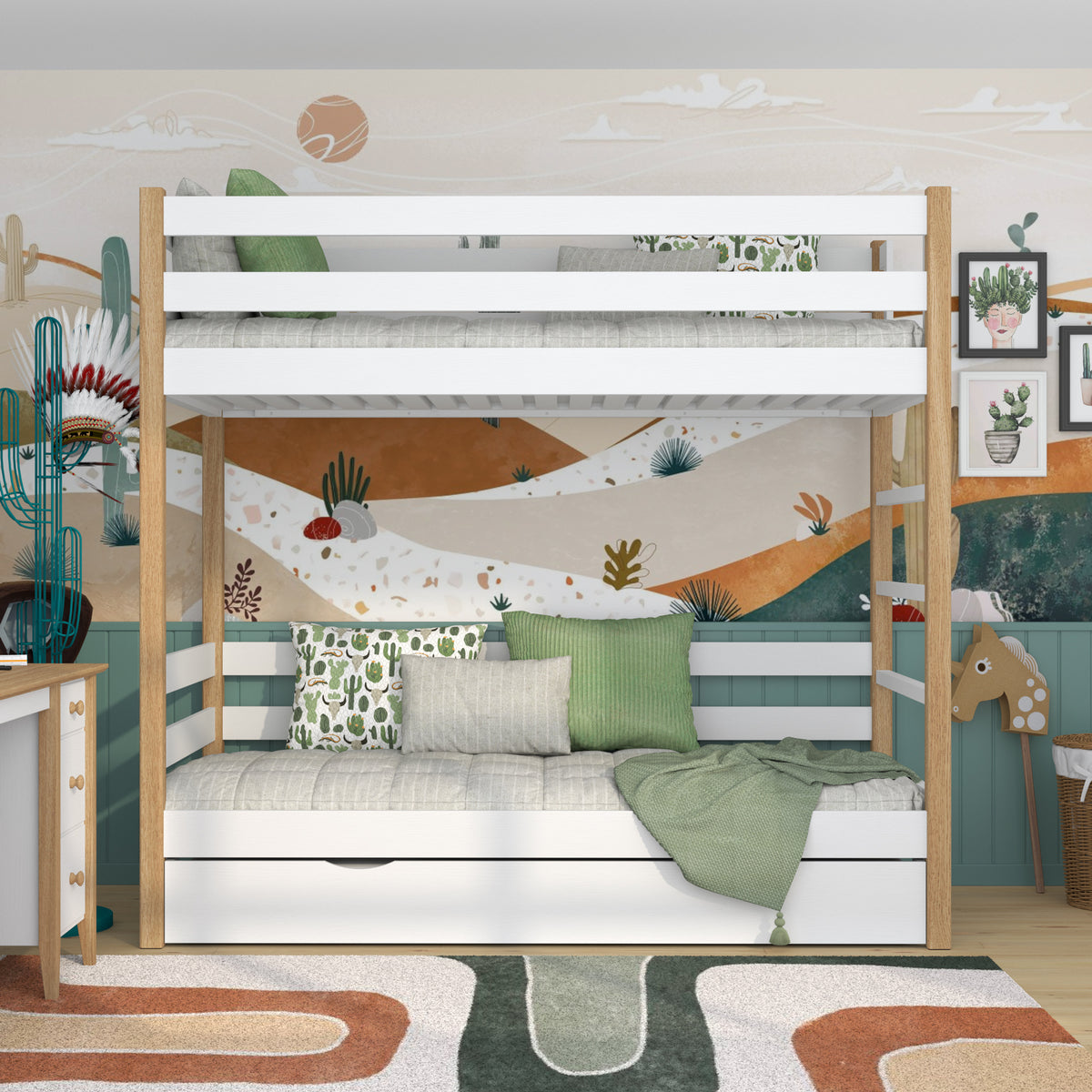Letto a castello in legno bianco-quercia con cassetto per materasso – allestimento nella stanza