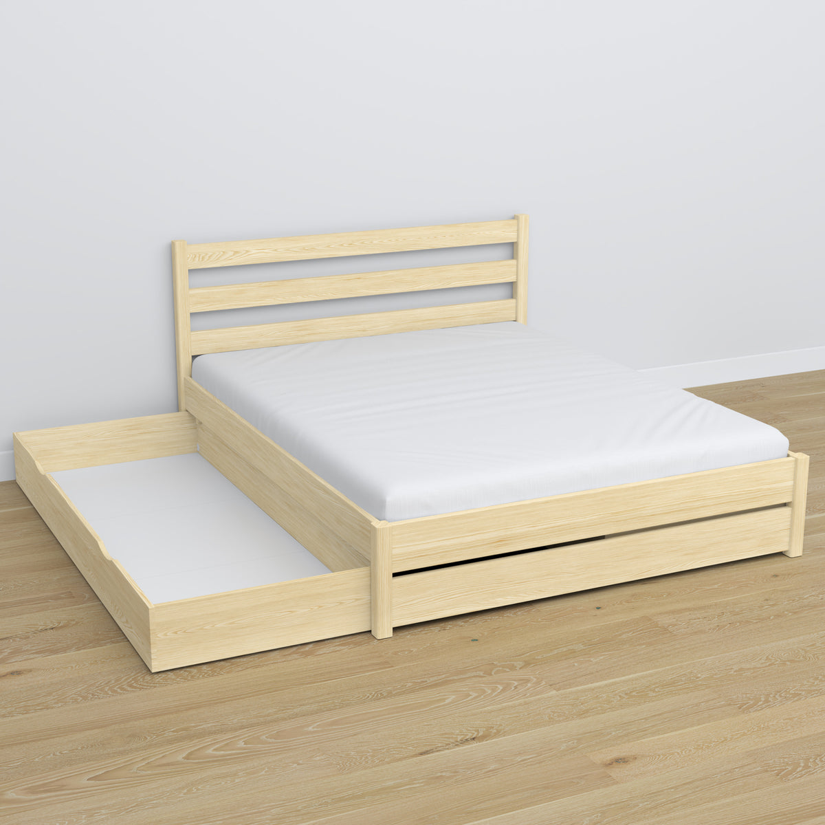 Letto matrimoniale con cassetto in legno pino trasparente – cassetto aperto, capiente ambiente