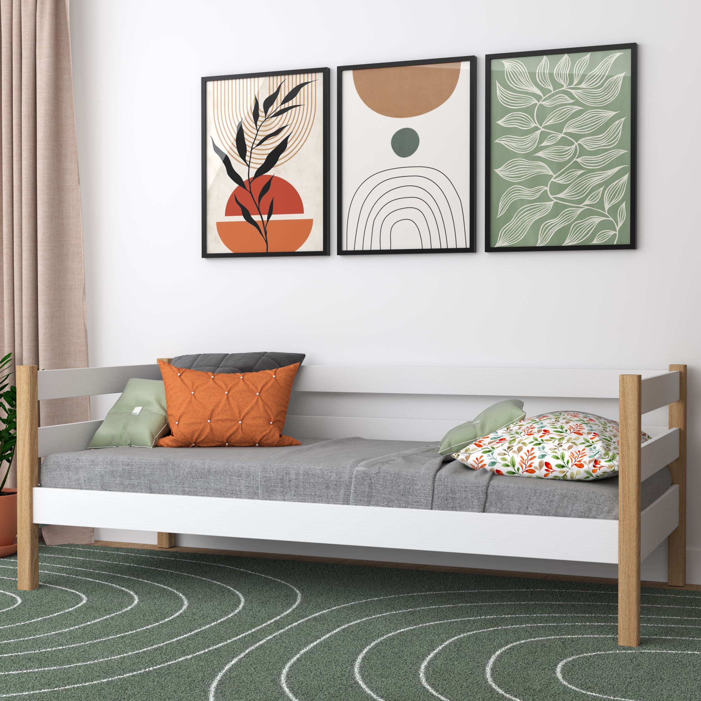 Sofa bed white-oak in a children’s room – scandi arrangement, wooden