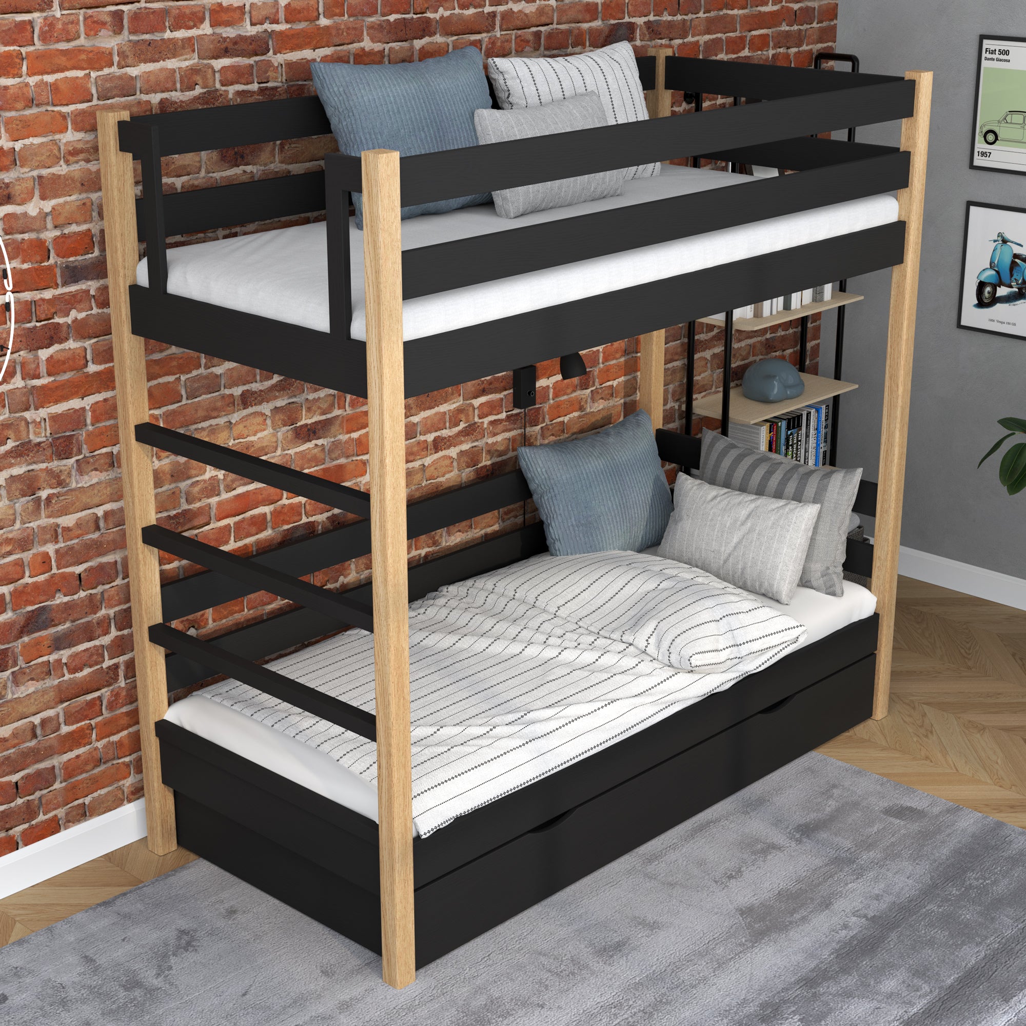 Black and Oak Bunk Bed for Children – Two Sleeping Areas and Drawer, Wooden