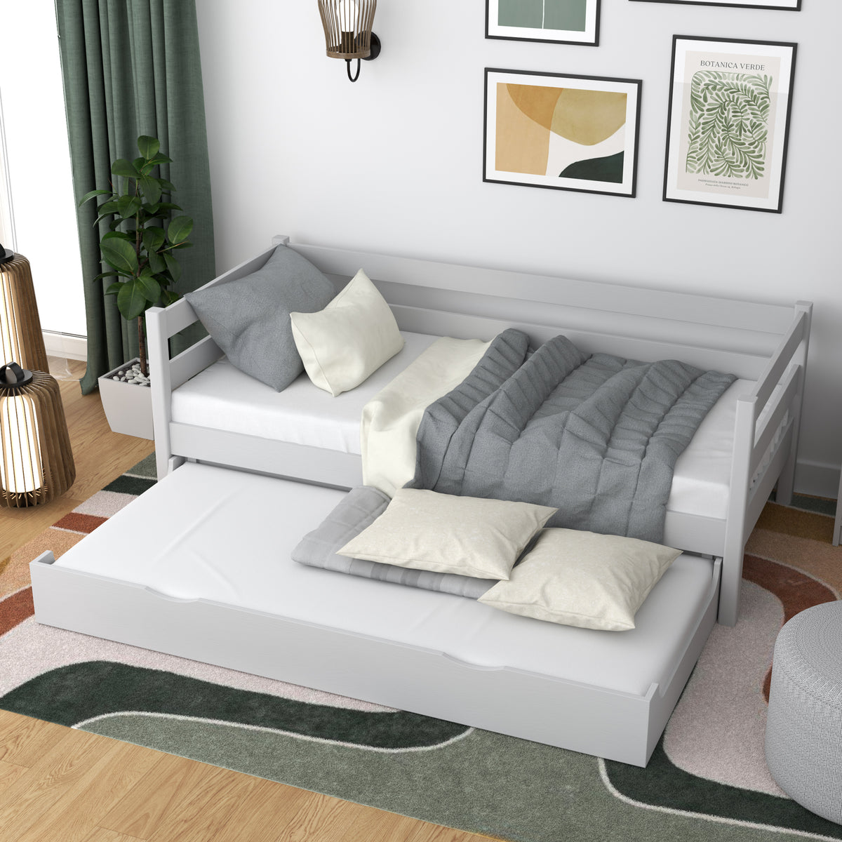Sofa-lit en bois gris – tiroir na matelas sorti, pour les invités