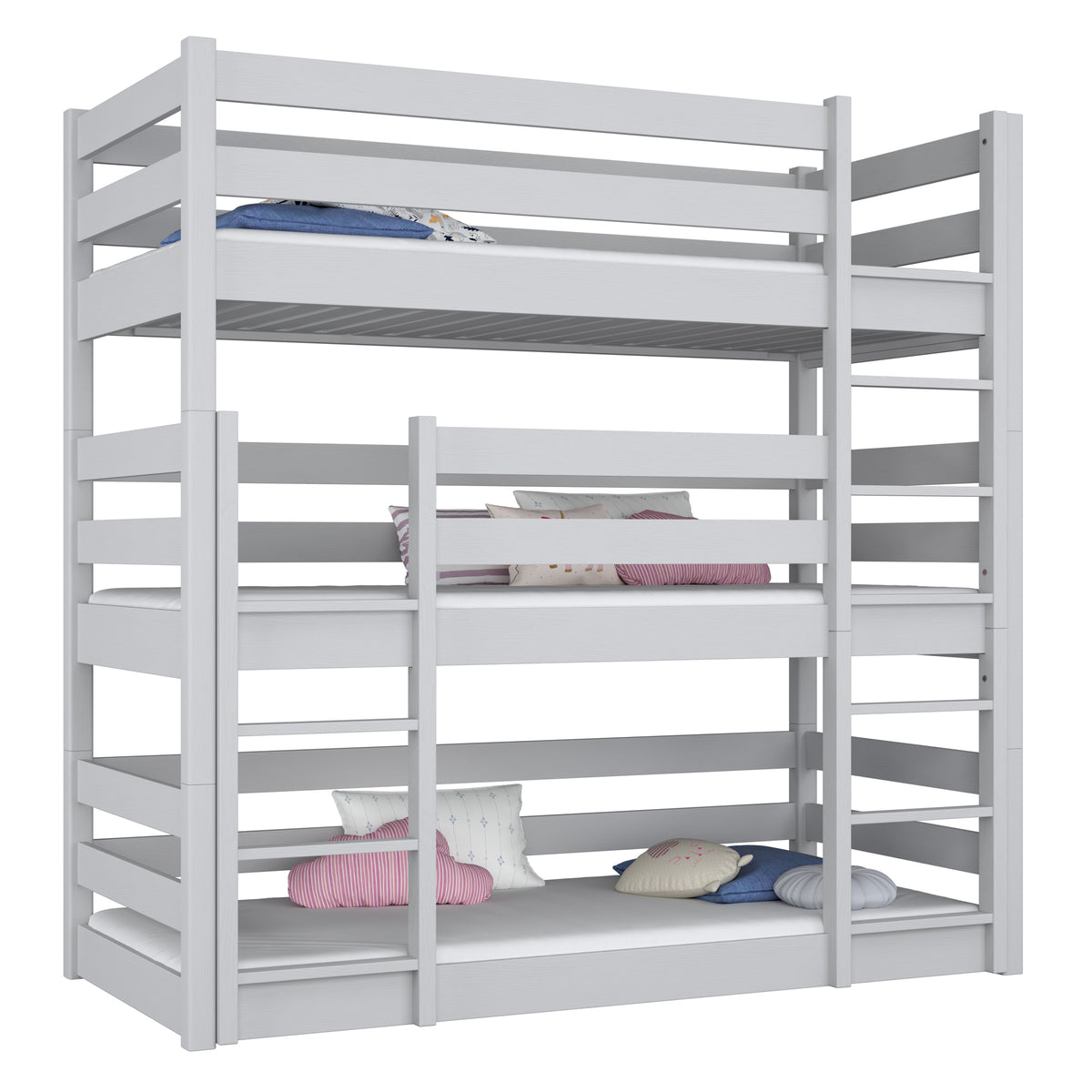 Triple bunk bed wooden grey – three sleeping places, scandi children’s room