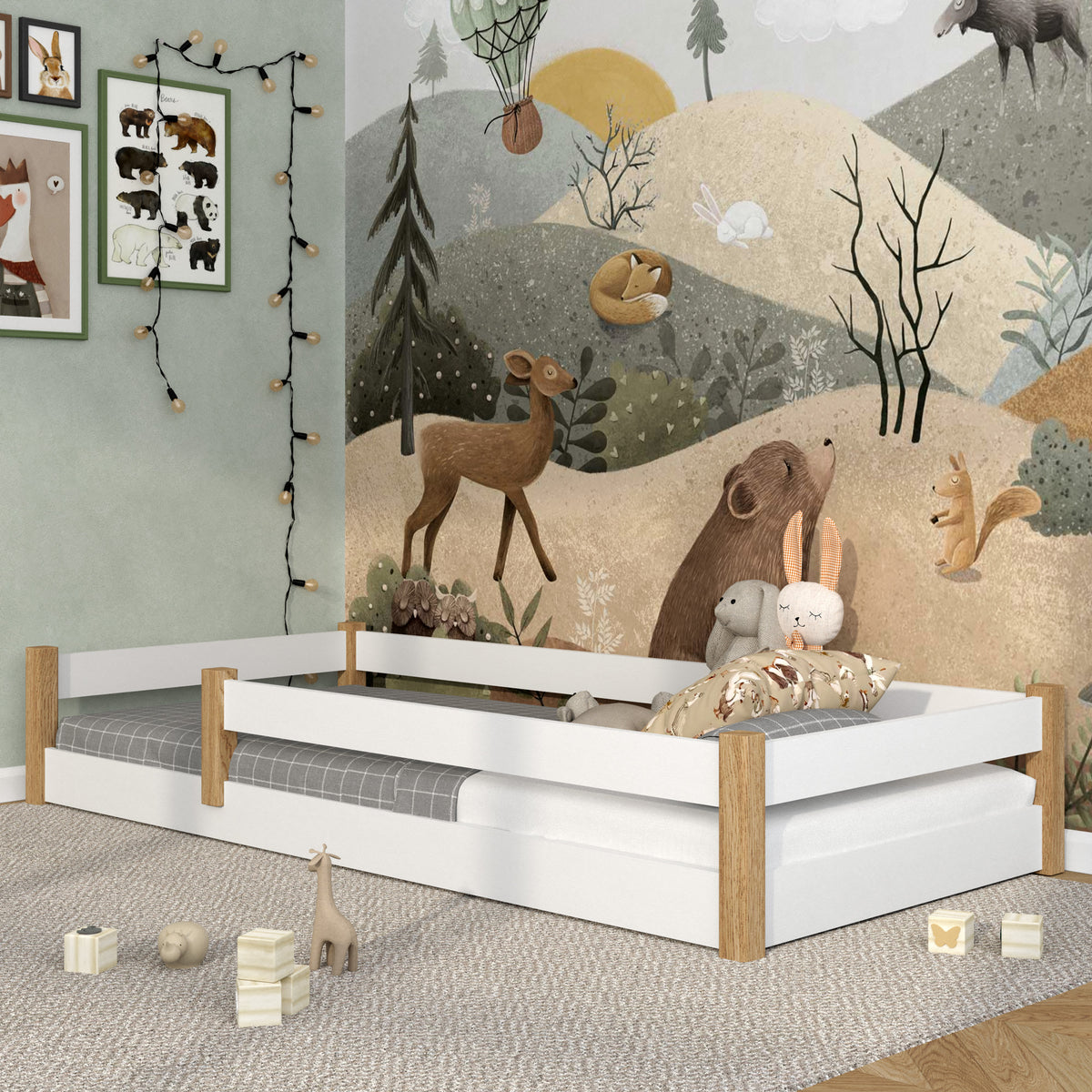 Wooden low bed N02 white / oak
